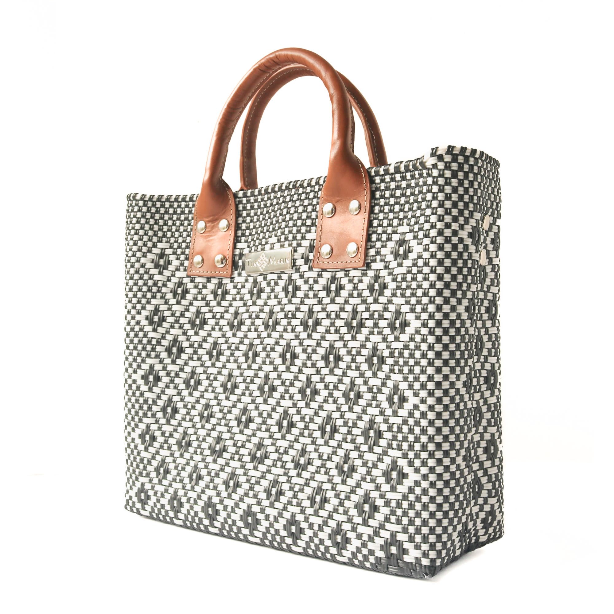 Eco-Friendly Panda Large Woven Crossbody Bag with Tan Leather Handles - Handwoven Recycled Plastic Purse, Mexican Woven Tote for Women | Perfect Summer Bag, Work Bag & Everyday Purse for Office, Travel & Shopping