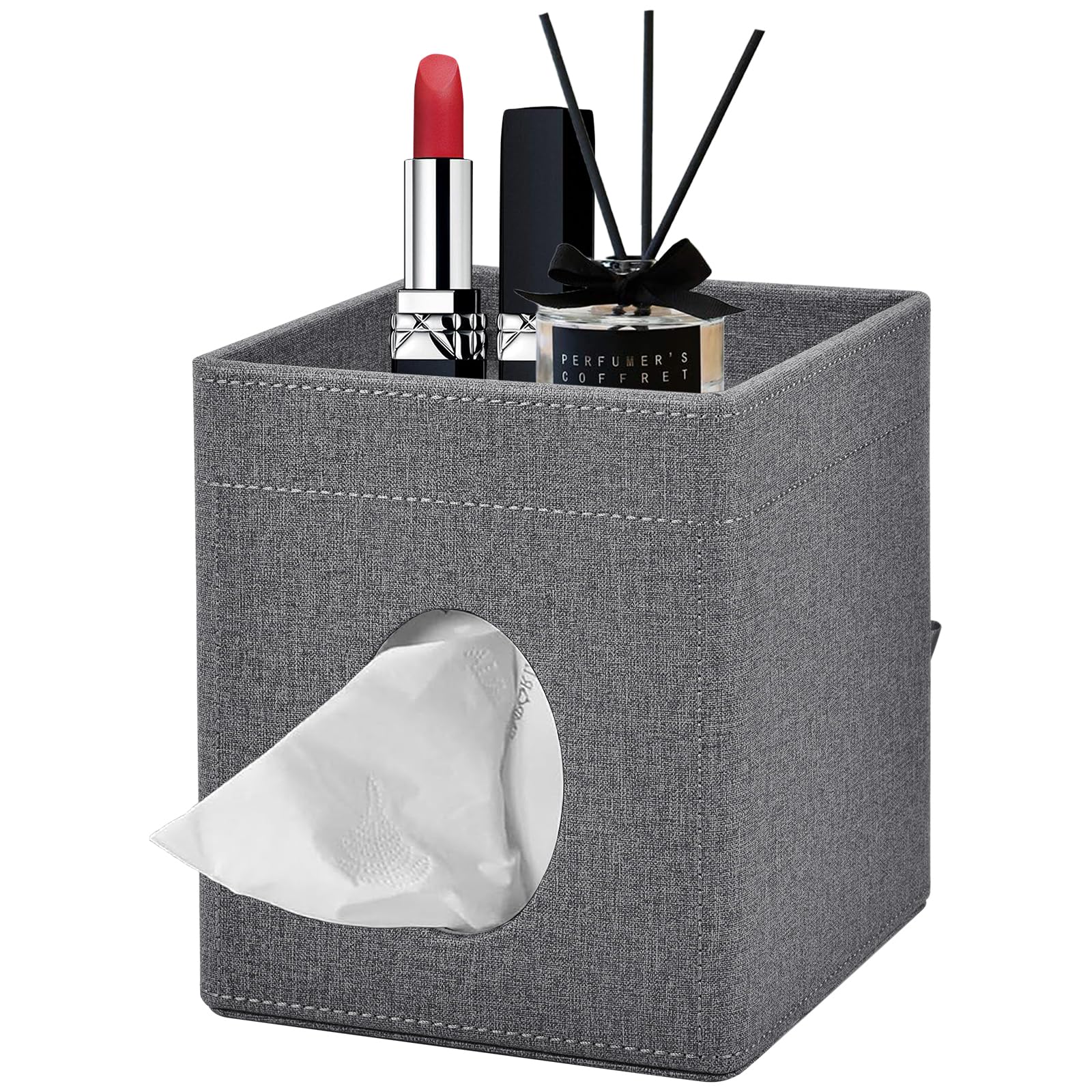 PU Leather Square Tissue Box Cover with Storage Tray - Kleenex Holder Organizer for Bathroom Vanity, Bedroom, Office & Car | Stylish Decorative Napkin Caddy (Grey) | Perfect for Home Decor & Gift Giving