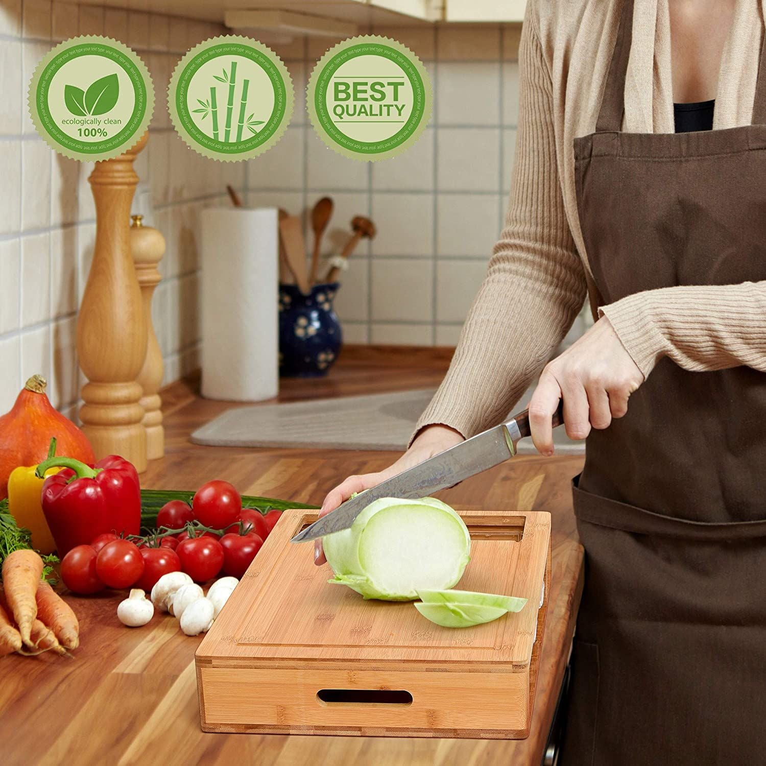 Premium Large Bamboo Cutting Board Set with 4 Airtight Containers & Mobile Holder - Eco-Friendly Kitchen Organizer for Meal Prep, Cooking & Entertaining