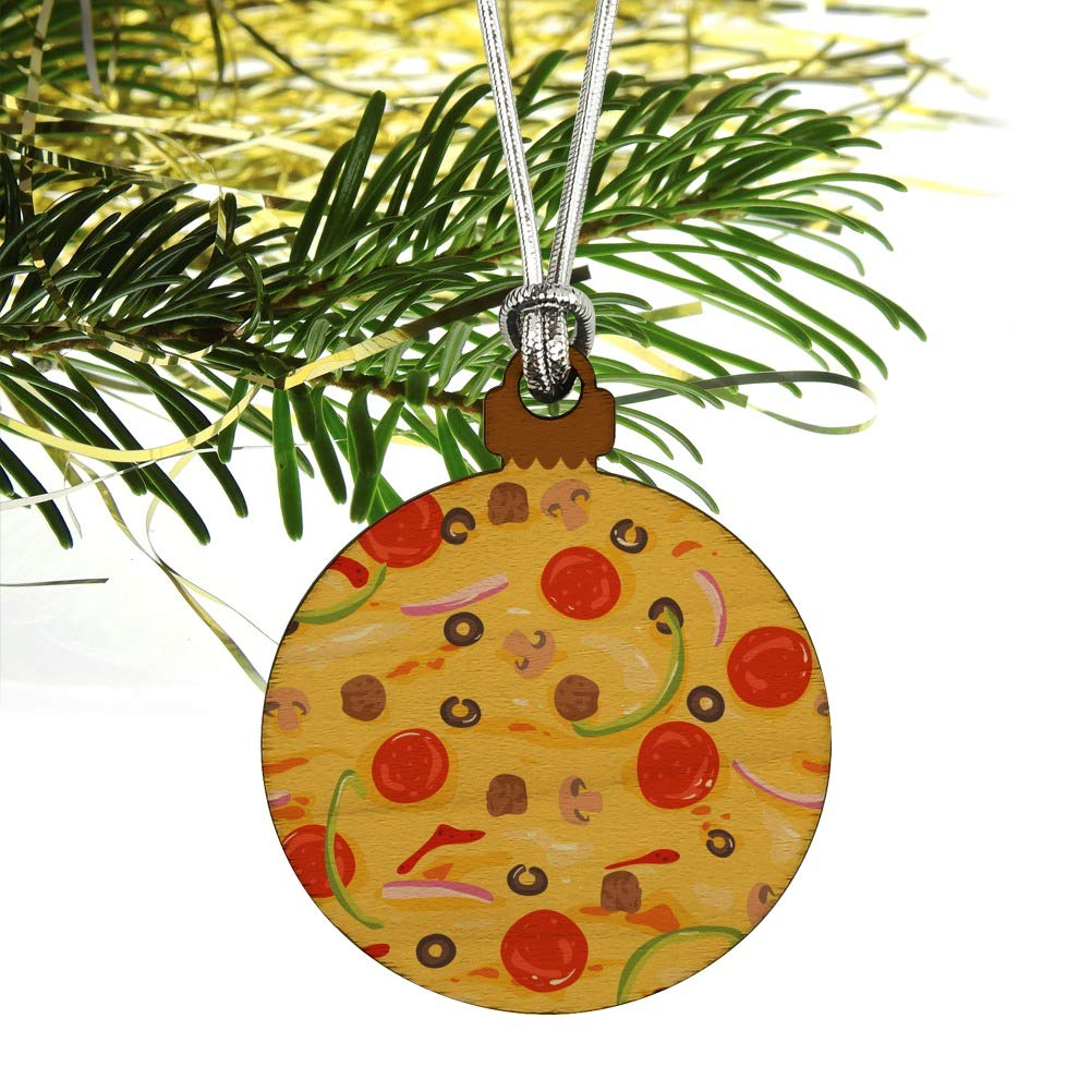 Mini Wood Christmas Tree Ornament - Pizza Pattern with Pepperoni, Olives & Onions | Unique Holiday Decor for Tree, Gift, or Party Decoration