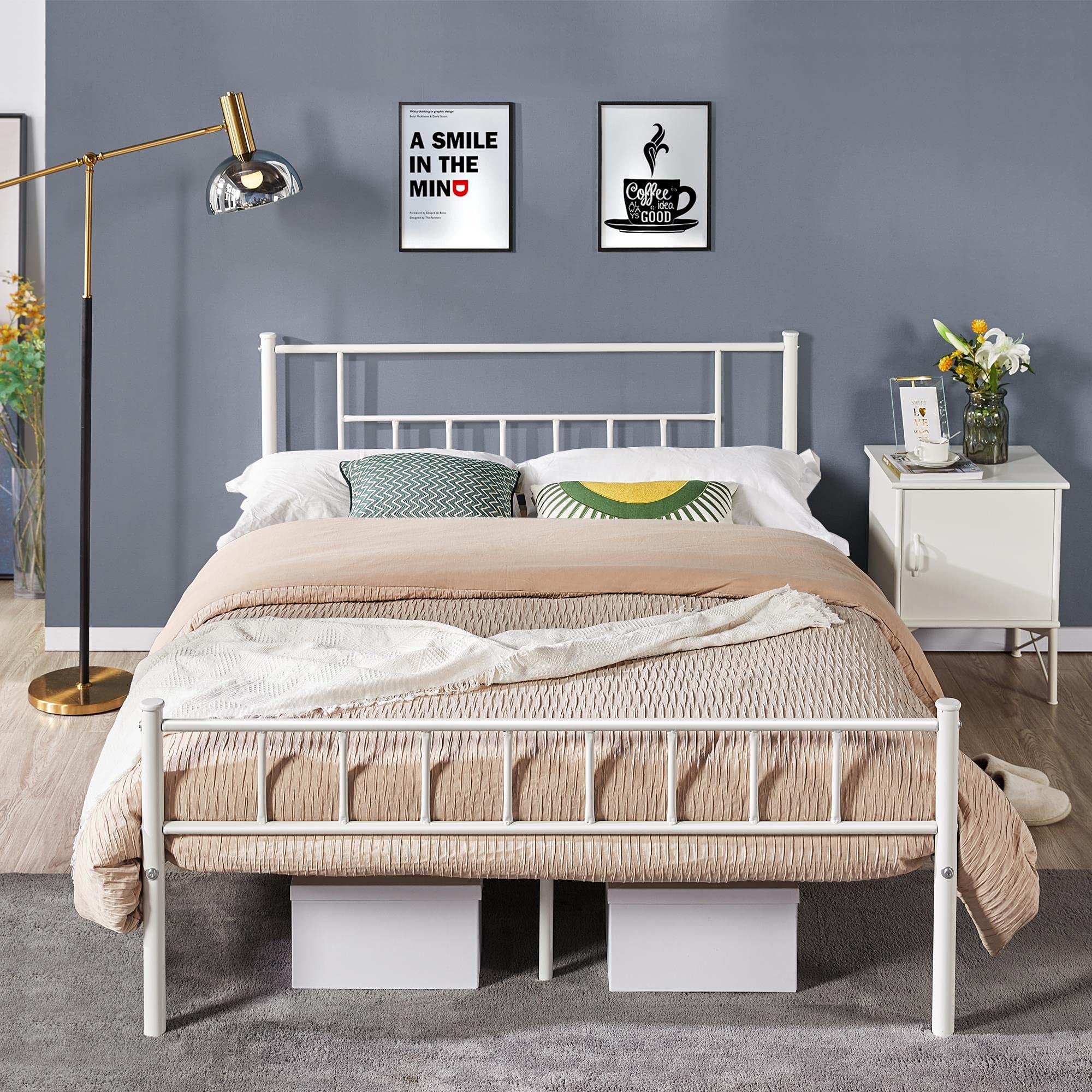 Topeakmart Full Size Metal Bed Frame with Headboard & Footboard - Sturdy Steel Slat Support, No Box Spring Needed, Under Bed Storage - White - Perfect for Modern Bedrooms, Guest Rooms & Dormitories