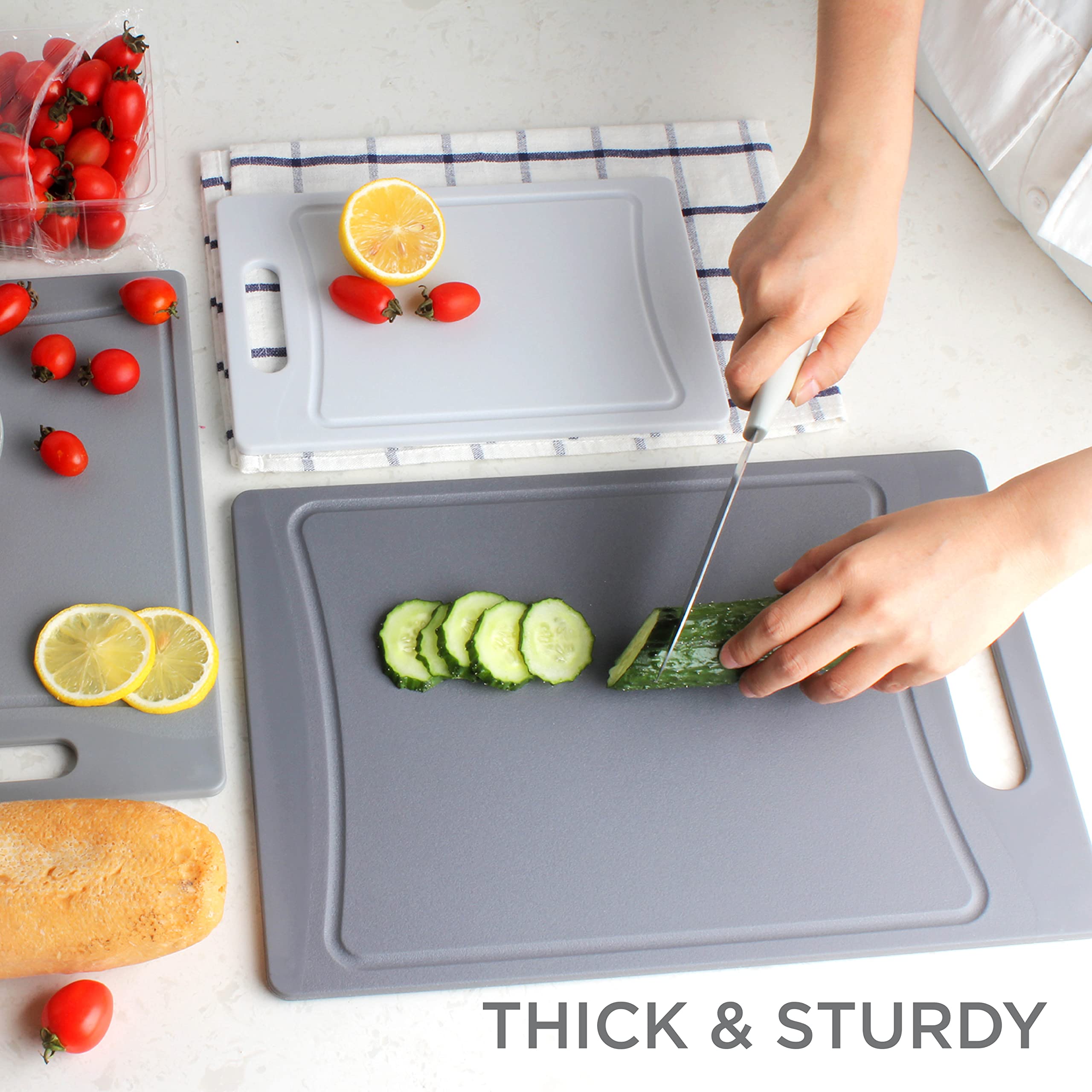Non-Slip Cutting Board Set with Easy Grip Handle - 3 Durable Kitchen Cutting Boards for Meat, Vegetables & Fruits | Dishwasher Safe Gray Chopping Boards | Perfect for Meal Prep, Cooking & Food Presentation
