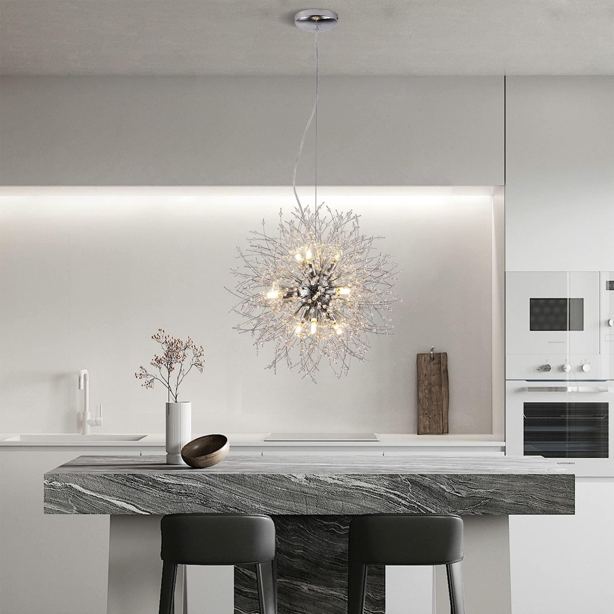 9-Light Stainless Steel Dandelion Chandelier - Modern Sputnik Pendant Lighting Fixture in Chrome Finish (19.6