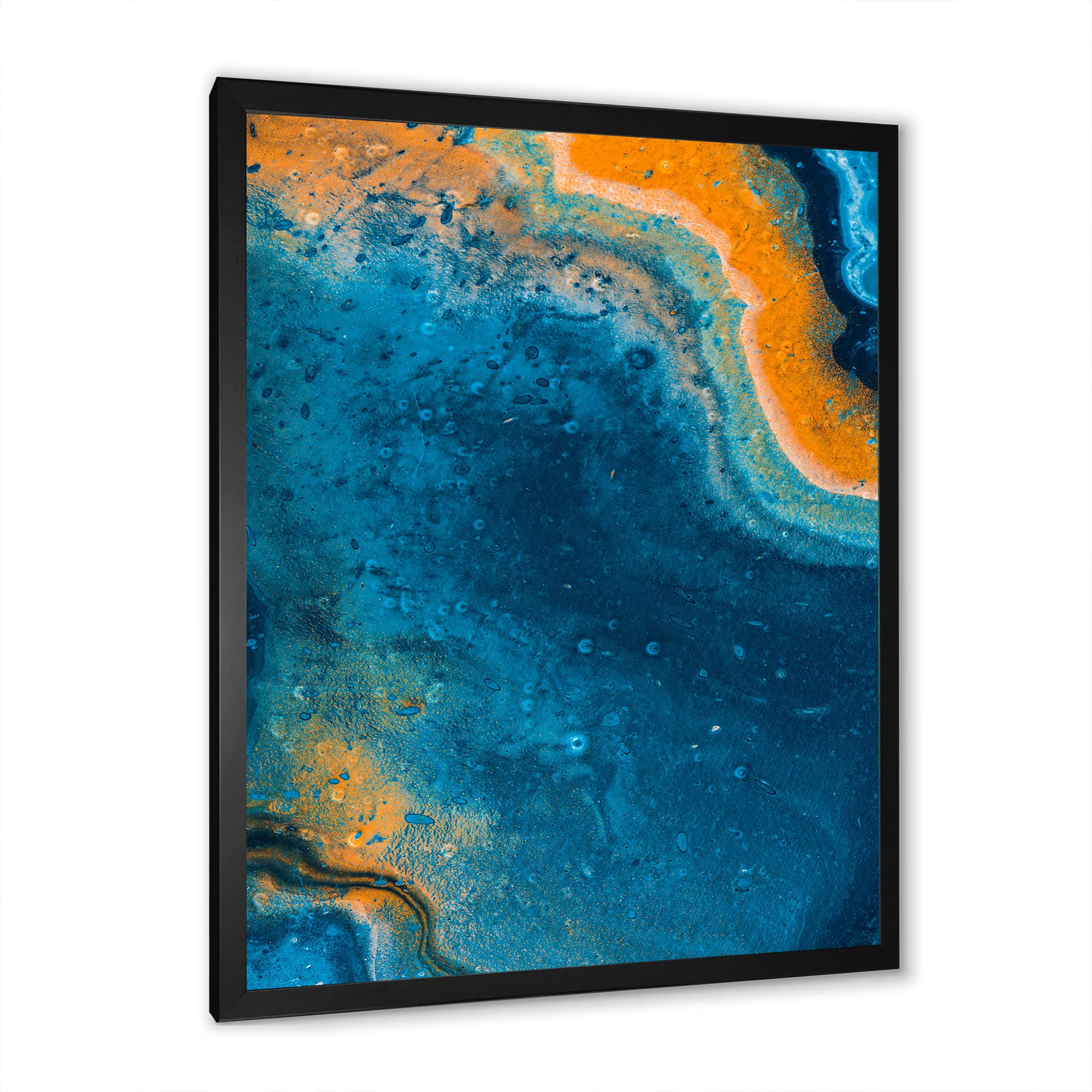 Abstract Marble Composition Wall Art in Blue & Orange - Modern Framed Canvas Painting for Living Room, Bedroom & Office Decor