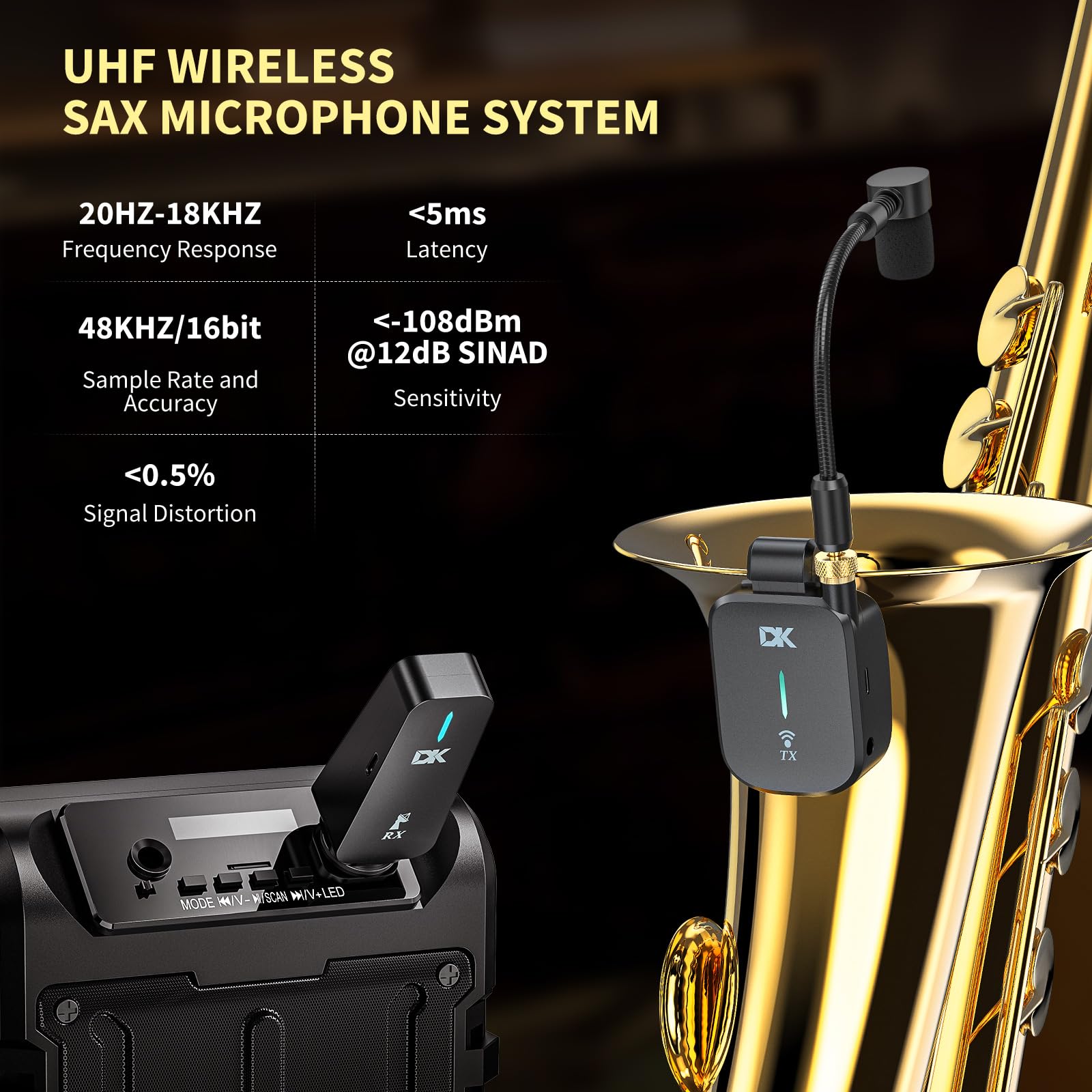 Professional UHF Wireless Saxophone Microphone System - Clip-On Rechargeable Instrument Mic with Charging Case, 3 Dedicated Sax Modes, 131ft Range for Live Performances, Studio Recording & Monitor Headphones
