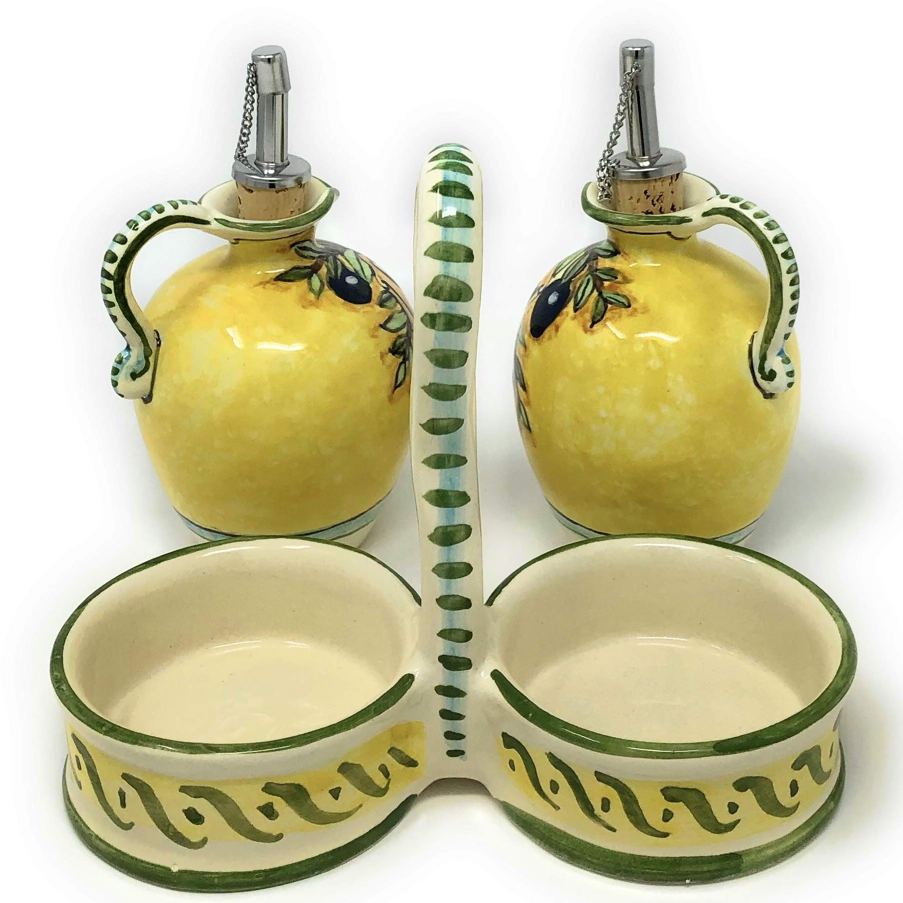 Hand-Painted Italian Ceramic Oil & Vinegar Cruet Set - Tuscan Art Pottery with Olive Design, Made in Italy | Perfect for Kitchen Decor, Dining Table Centerpiece, and Gourmet Cooking Gifts