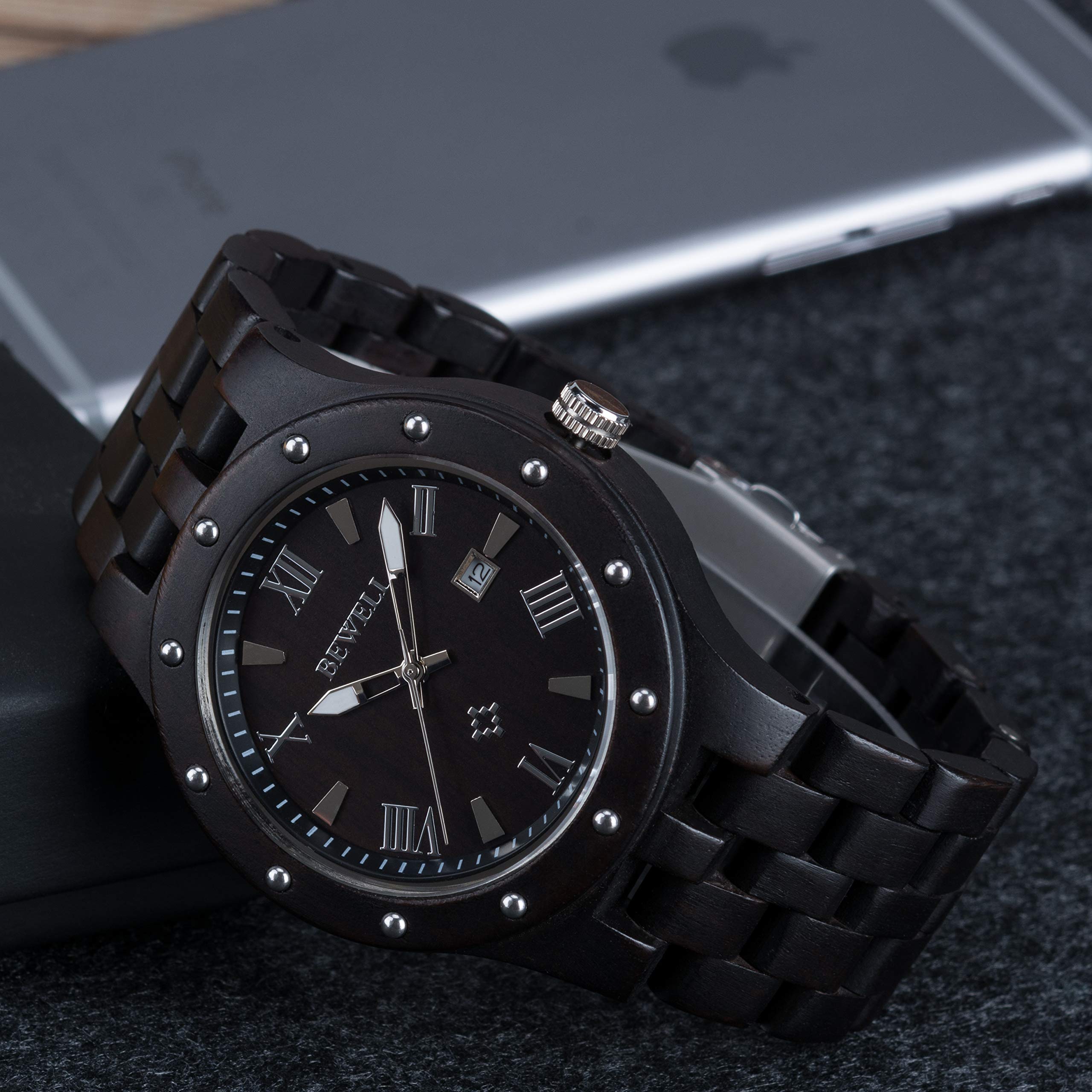 BEWELL Handmade Wooden Watches for Men - Date Display Analog Quartz Luminous Wristwatch - Perfect for Outdoor Adventures & Formal Occasions