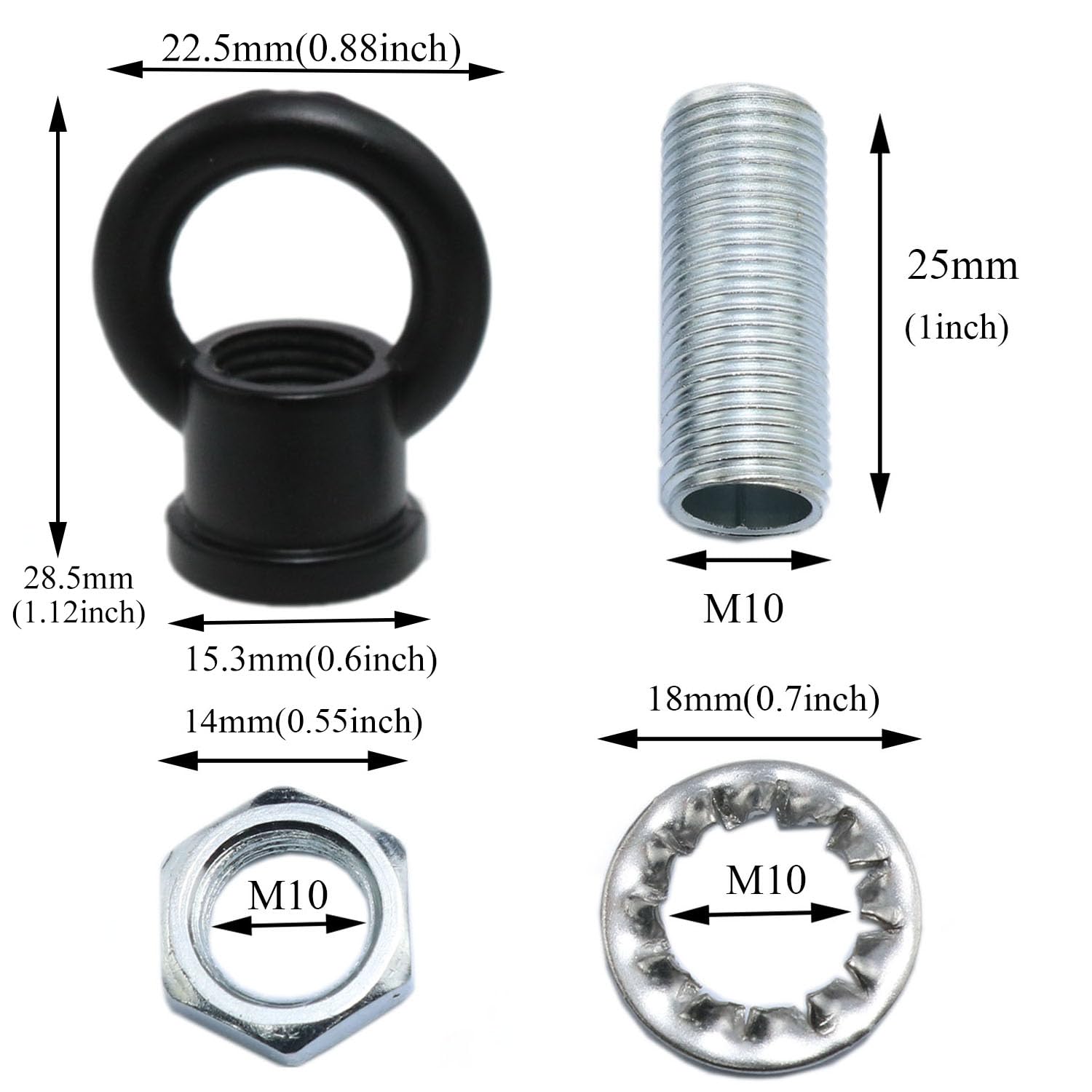 Black M10 Threaded Ring Nut - 4 Pack for Hanging Lights & Fixtures - Heavy Duty Eye Nuts for Lamps, Chandeliers & Ceiling Hooks - Indoor/Outdoor Lighting Installation Accessories