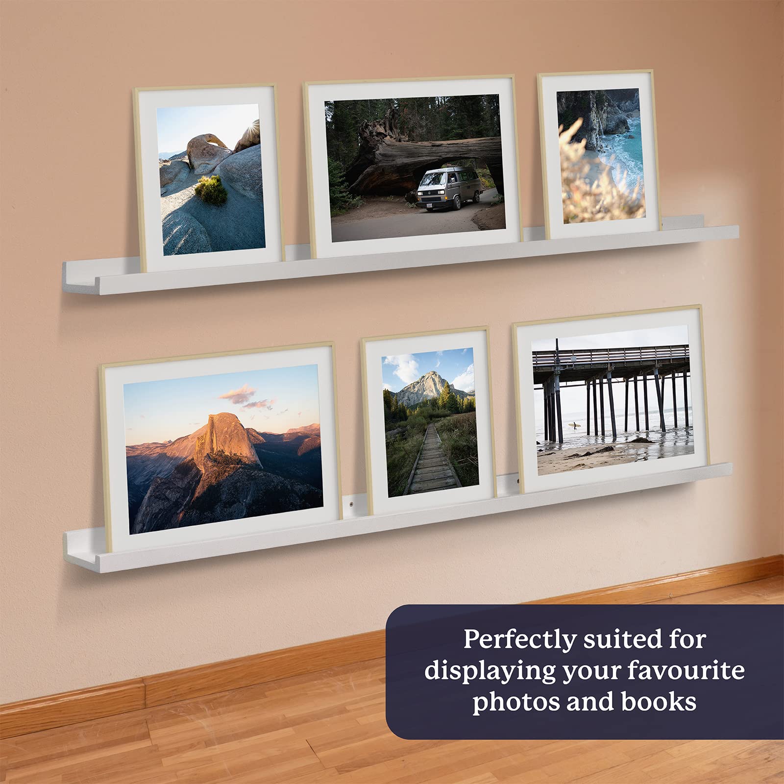 White 60 Inch Floating Picture Ledge Shelf (2 Pack) - Narrow Wooden Wall Shelf with Lip for Photos, Toys, Action Figures, Makeup & Jewelry Display - Perfect for Nursery, Bedroom & Home Decor