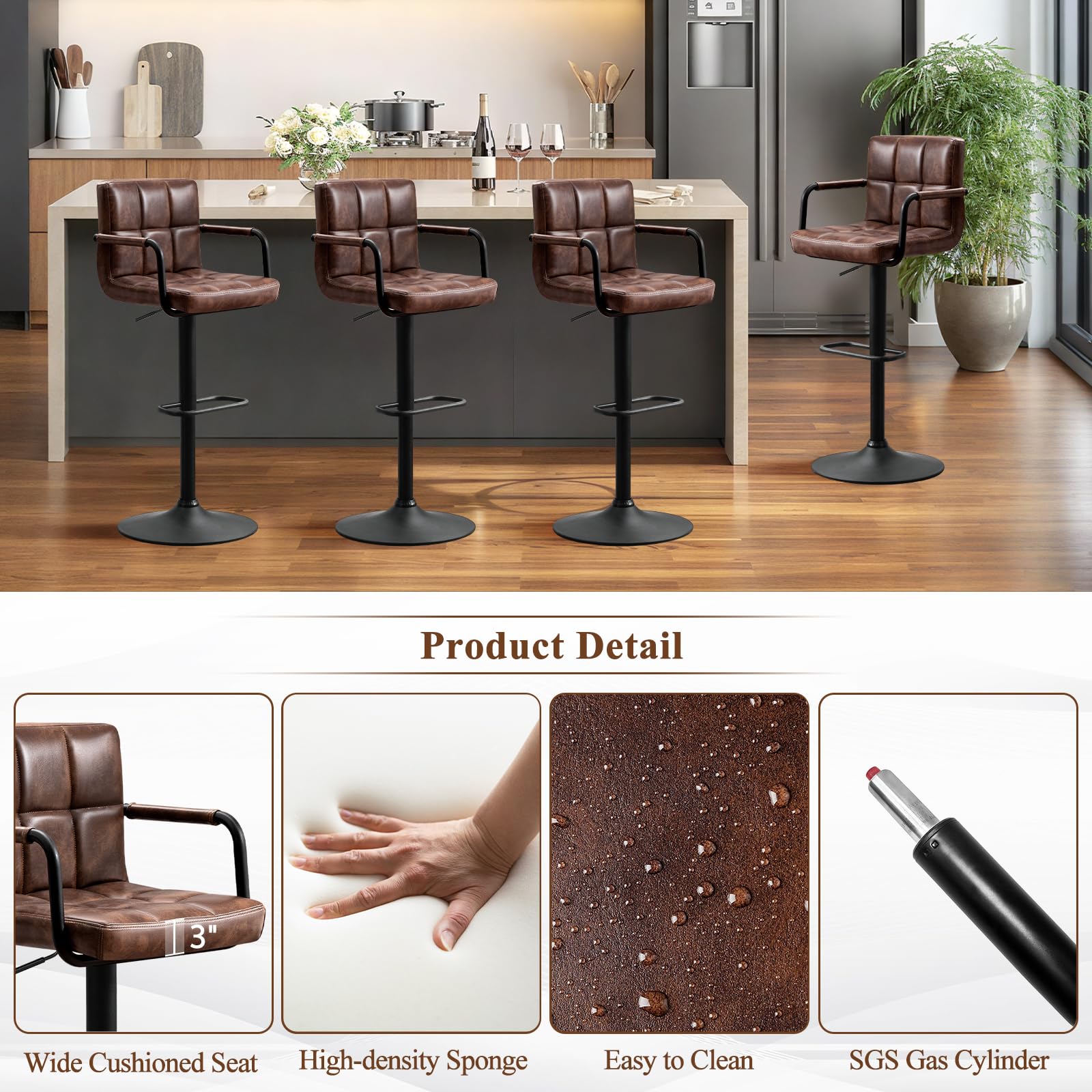 Furniliving Set of 2 Modern Square PU Leather Bar Stools with Back & Armrest - Adjustable Height Counter Stools for Kitchen, Bar, Pub, Cafe - Perfect for Breakfast Nooks, Home Bars & Restaurant Seating (Dark Brown)