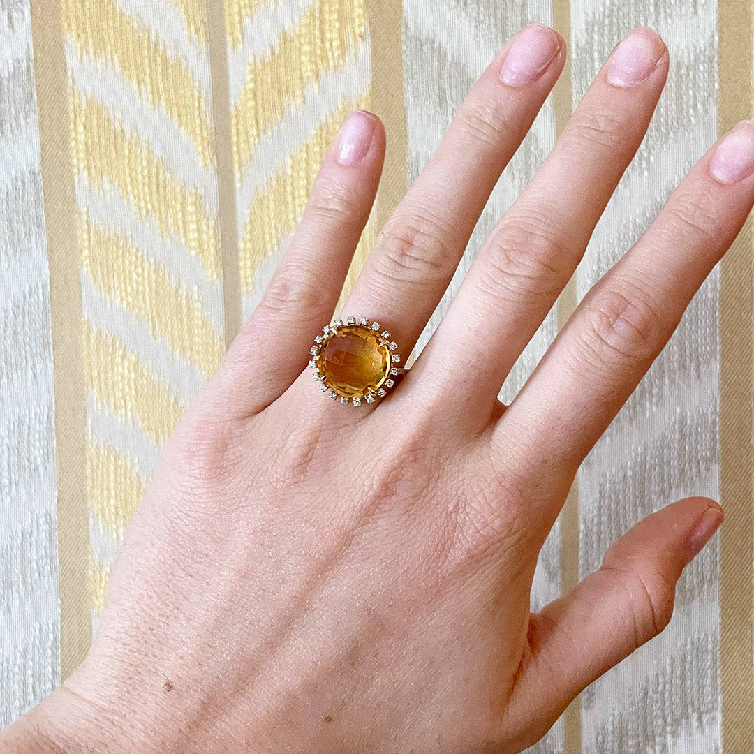 18K Yellow Gold Citrine & Diamond Halo Ring for Women - Elegant Birthstone Jewelry Gift for Anniversary, Engagement or Special Occasions