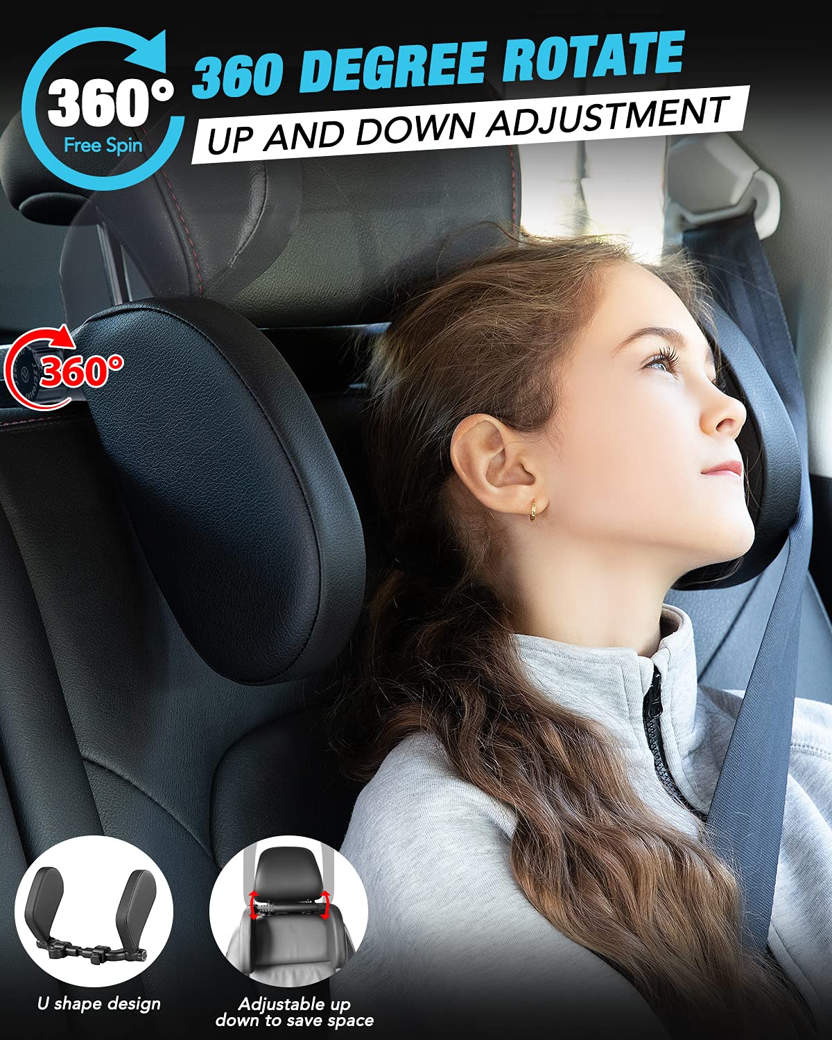 JZCreater 360° Adjustable Car Headrest Pillow - Memory Foam Neck Support Pillow for Adults & Kids - Travel Sleeping Cushion for Long Trips - Universal Car Seat Headrest (Black) | Perfect for Road Trips, Commuting & Airplane Travel