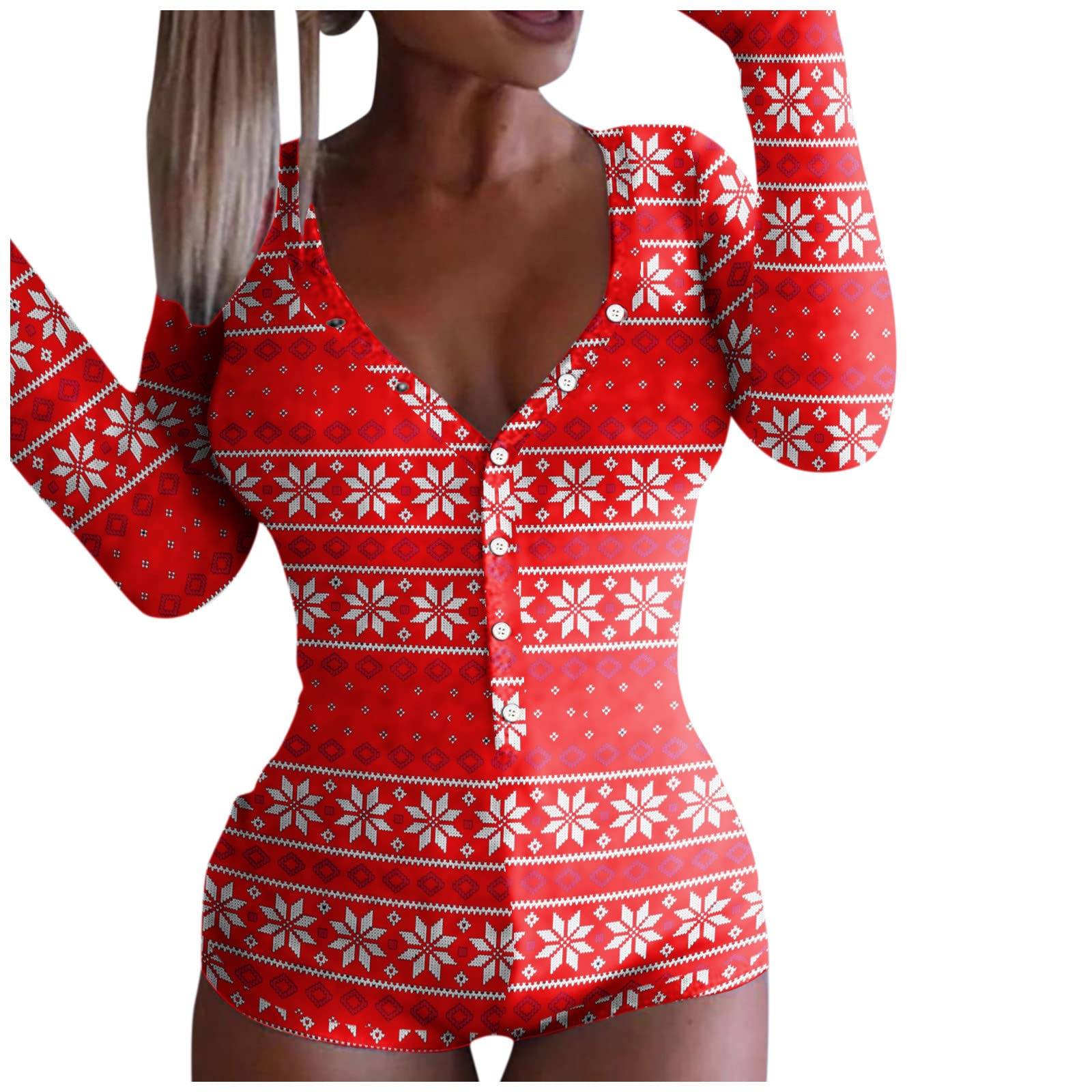 Women's Christmas Print Long Sleeve V-Neck Romper Jumpsuit - Cozy Holiday Pajamas & Nightwear for Teens - Perfect for Christmas Parties, Family Gatherings and Festive Sleepovers