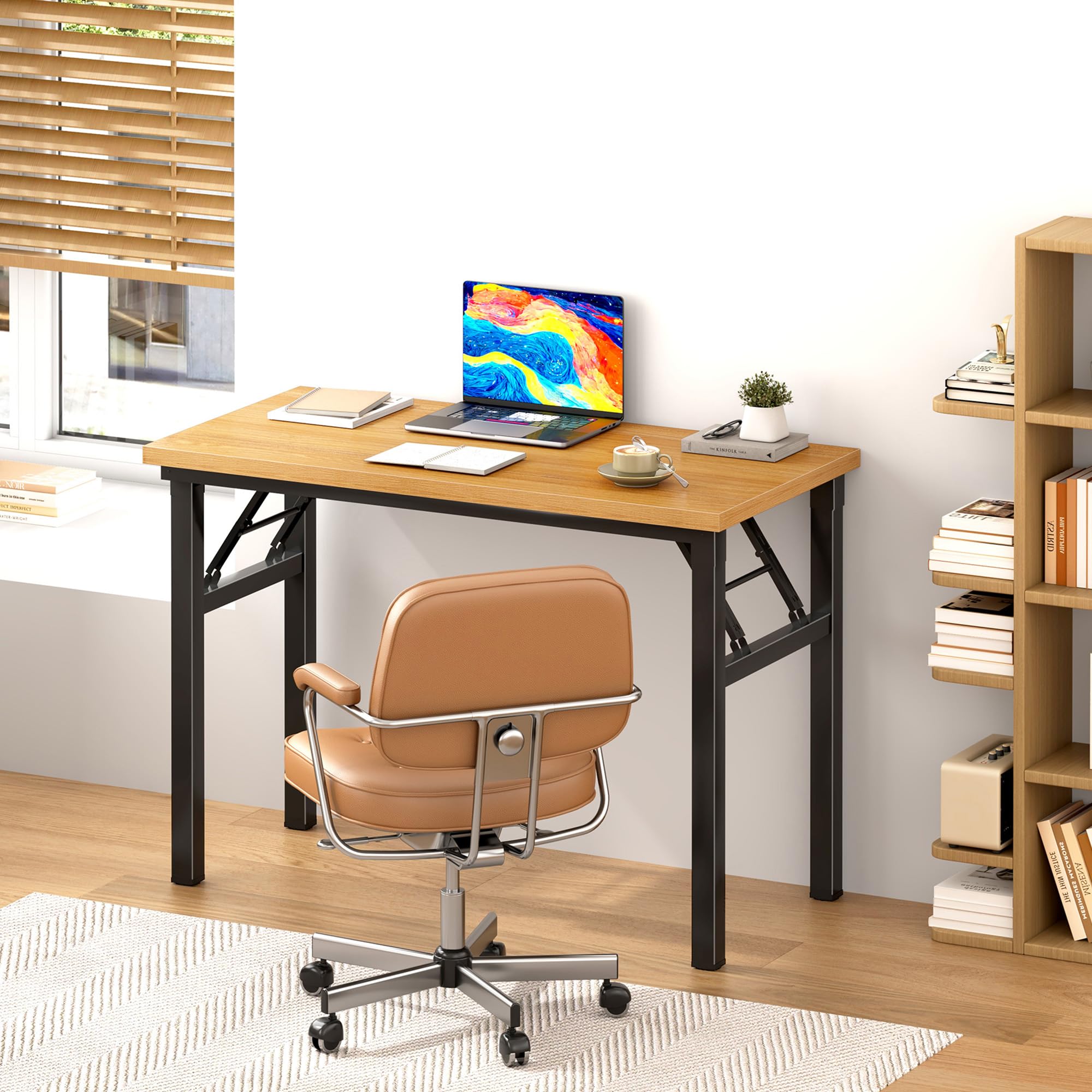 DlandHome 31.5 Inch Folding Desk - Compact Computer Desk for Home Office, Writing Table with Teak & Black Frame, Space-Saving No Assembly Required - Perfect for Small Apartments, Dorm Rooms & Workspaces