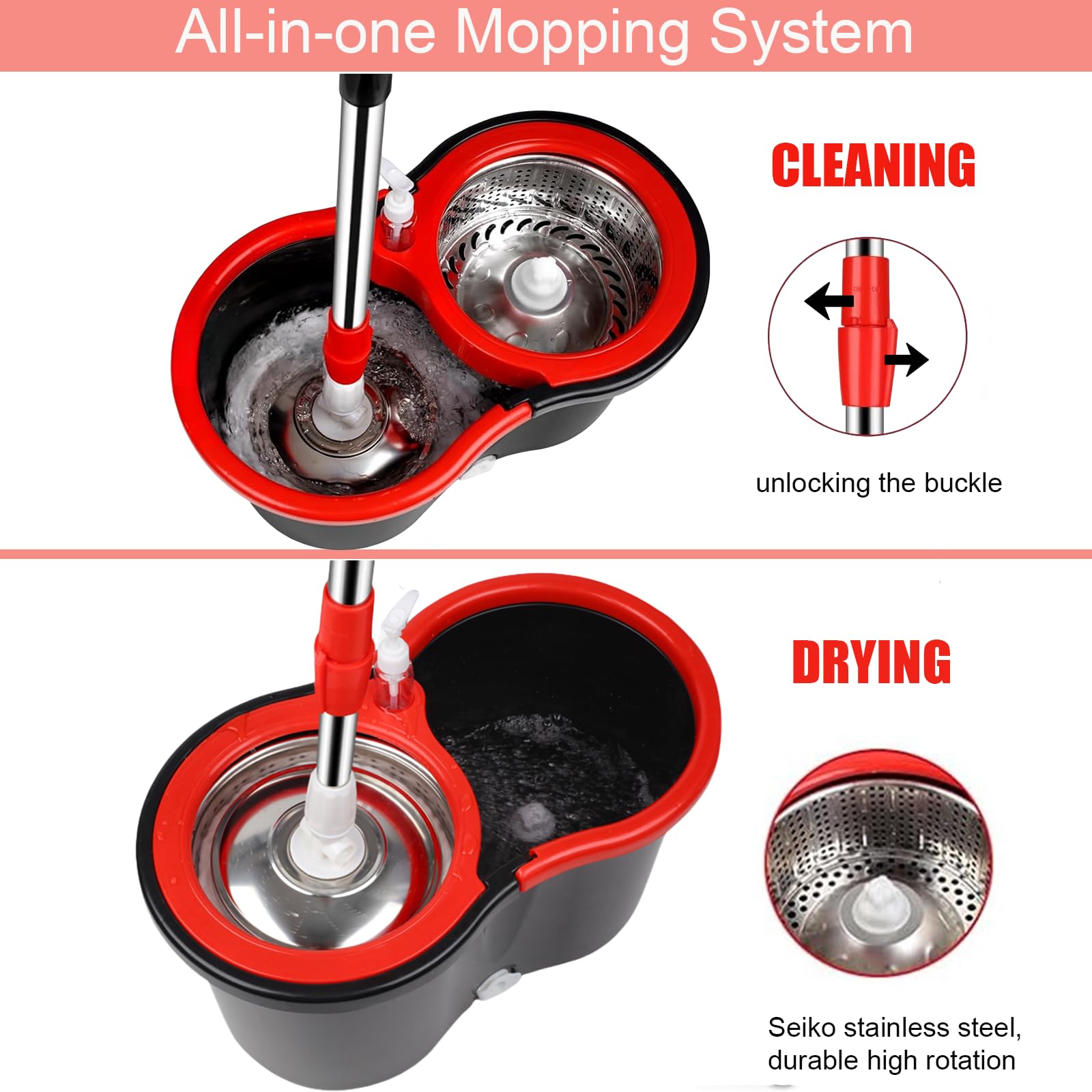360° Spin Mop and Bucket Set with Wringer - 3 Microfiber Mop Refill Heads & 61