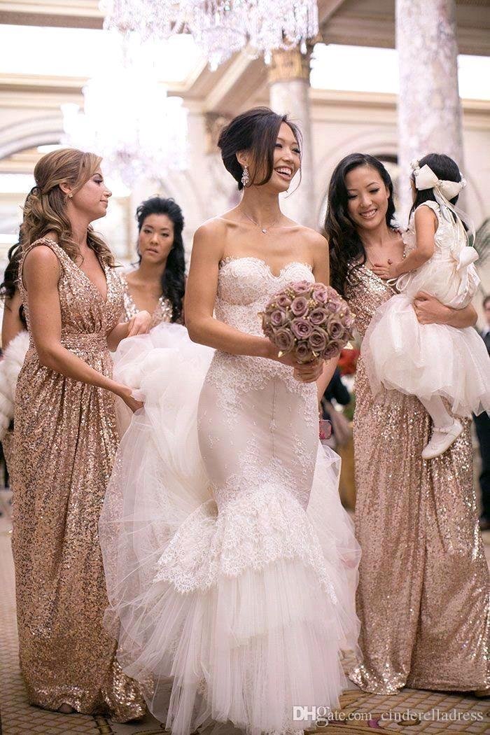 MisShow Women's Sparkly Sequins Bridesmaid Dress - Long V-Neck Prom Evening Gown for Weddings, Parties & Special Occasions