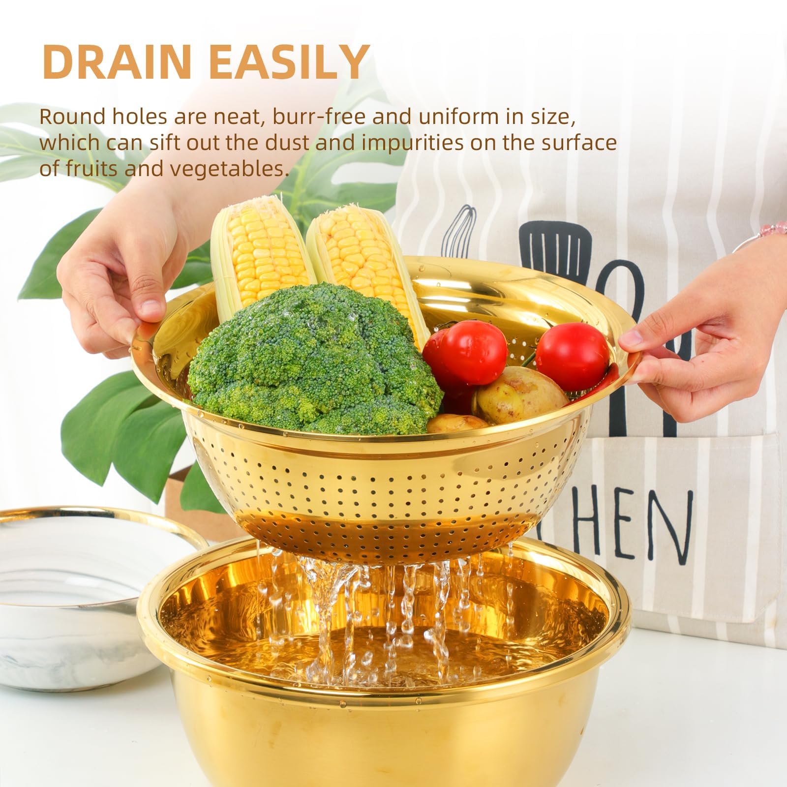 Premium 3-in-1 Stainless Steel Colander Set - Fine Mesh Kitchen Strainer for Fruits & Vegetables - Rose Gold Design - Ideal for Washing, Draining & Serving Salads, Pasta, Berries