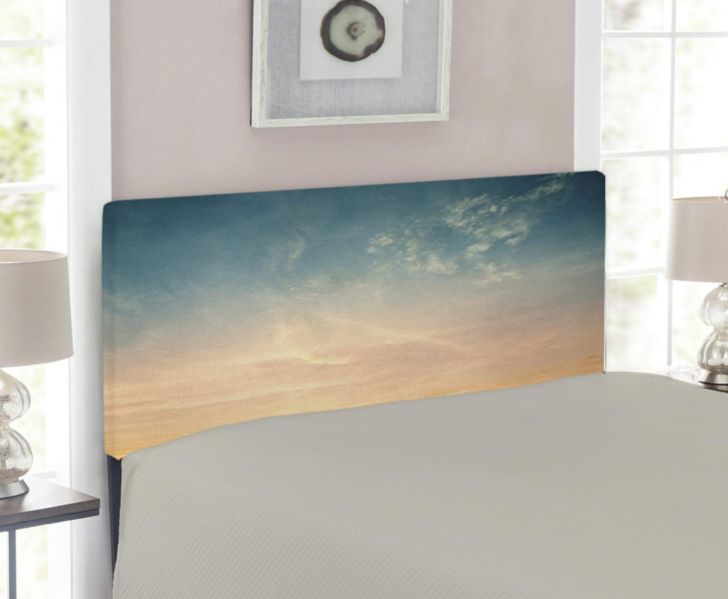 Ambesonne Sky Headboard - Horizon Landscape Upholstered Metal Bed Frame with Memory Foam | Twin Size in Petrol Blue & Peach | Nature-Inspired Bedroom Decor for Peaceful Sleep & Relaxation