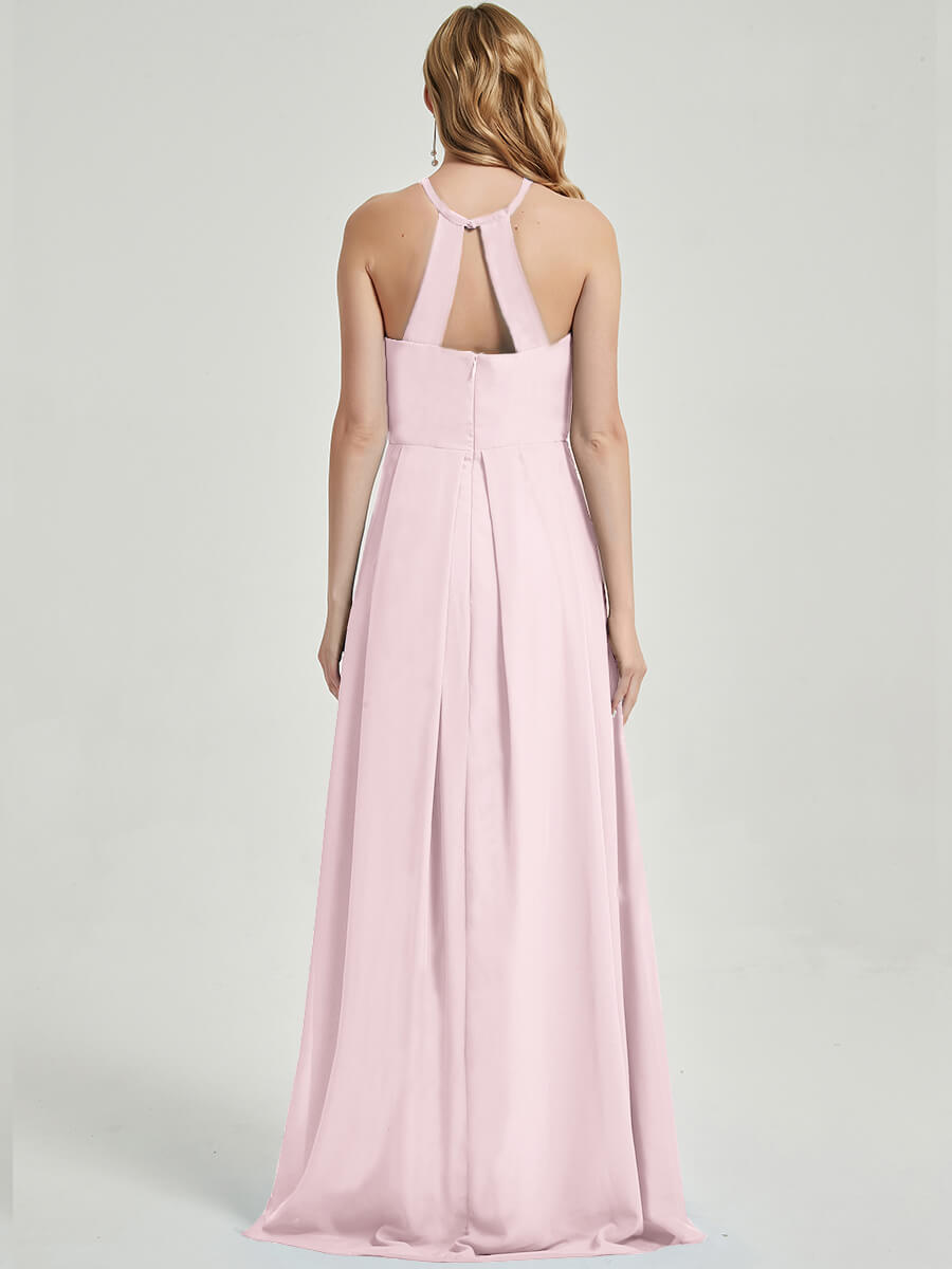 Elegant Blush Halter Neck Empire Waist Pleated Open Back Chiffon Bridesmaid Dress - Perfect for Weddings, Formal Events & Special Occasions