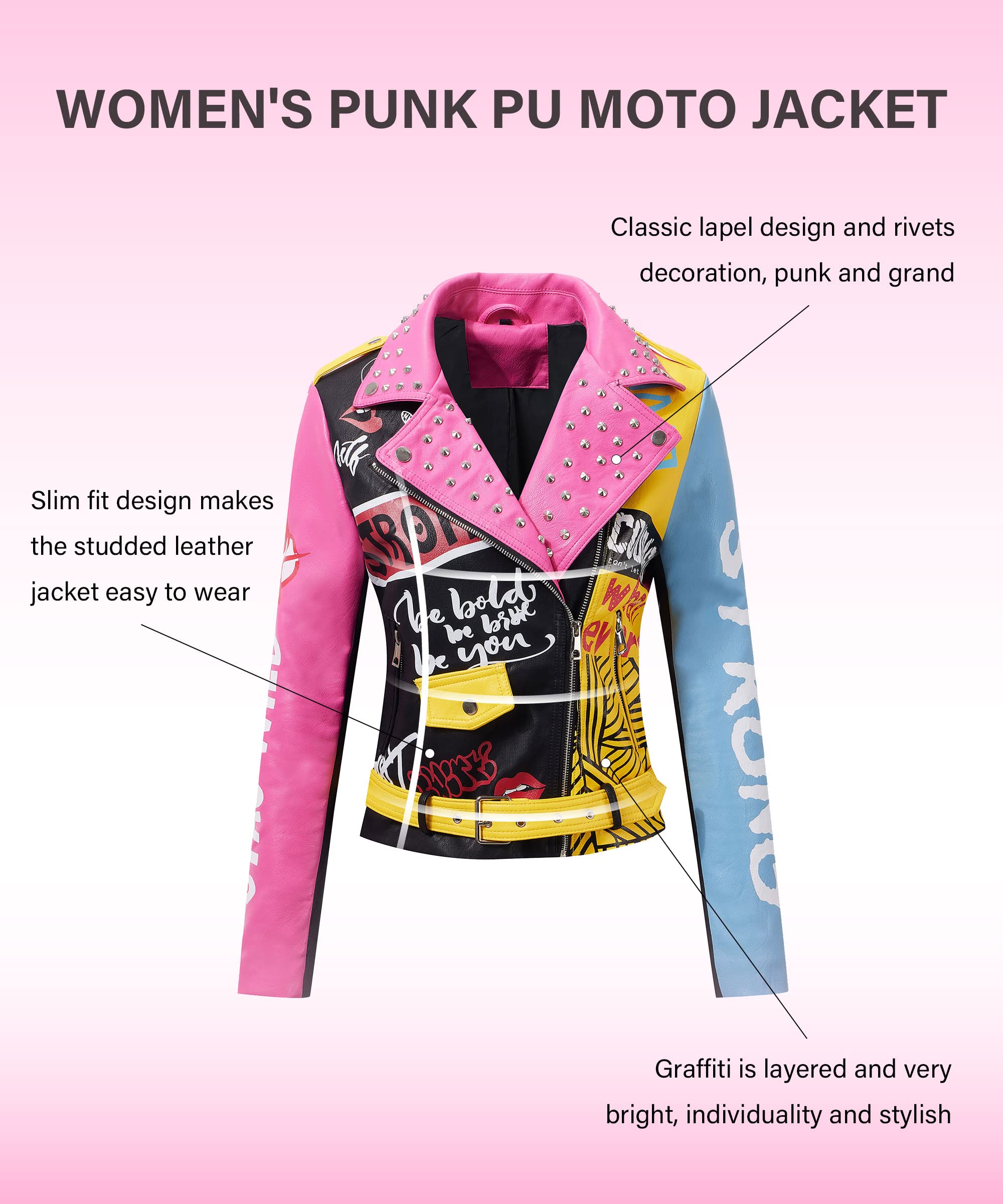 RISISSIDA Women's Faux Leather Jacket with Studs & Rivets - Trendy Moto Biker Jacket for Spring, Fall & Winter - Streetwear Fashion with Belt (Perfect for Casual Outings, Nightlife & Motorcycle Riding)