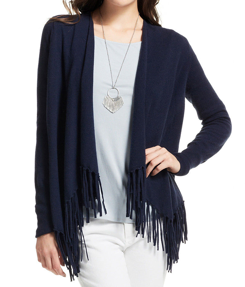 Luxury Calypso Navy Blue Cashmere Fringe Cardigan Sweater for Women - Size M - Perfect for Fall Layering & Winter Fashion Outfits