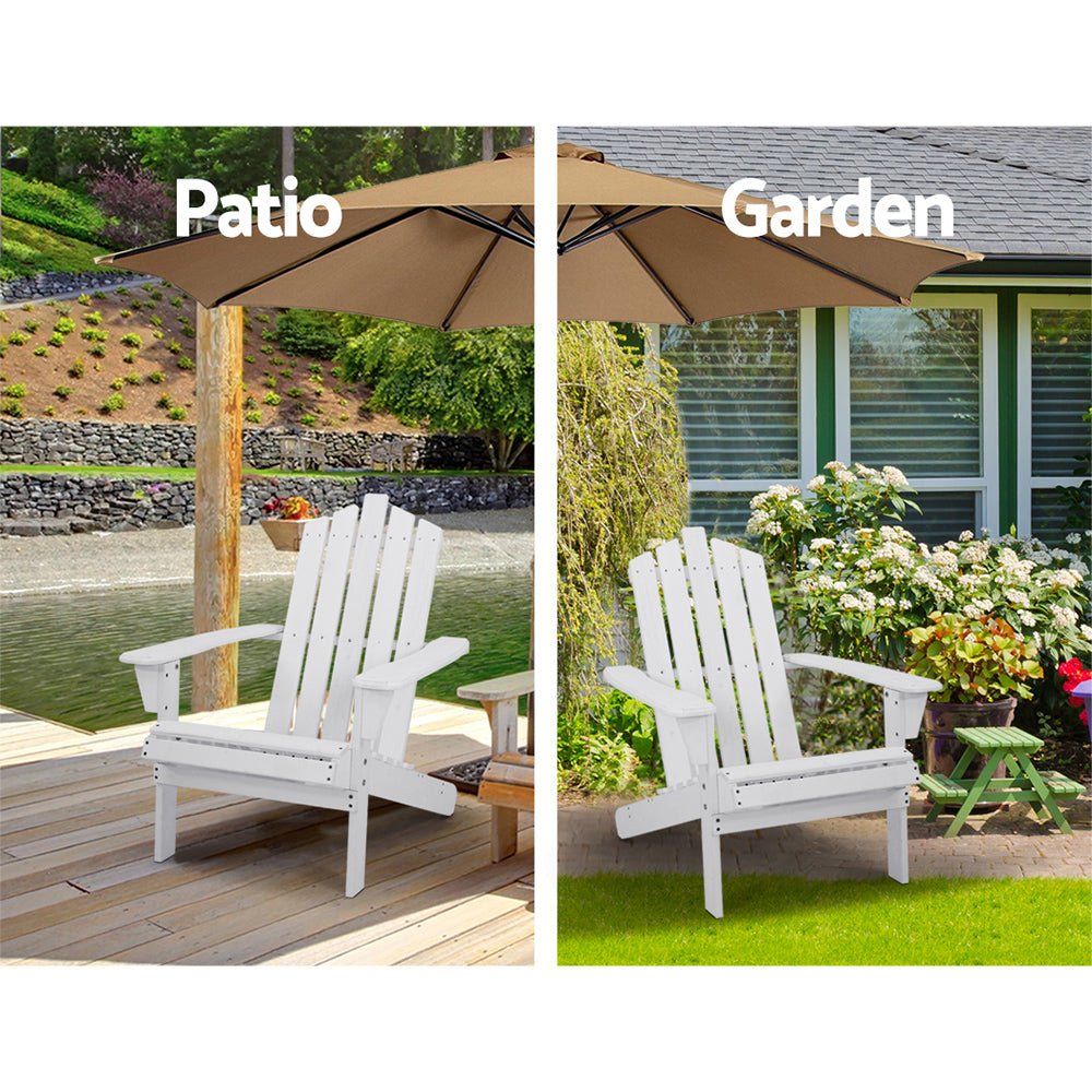 2-Piece White Adirondack Outdoor Table and Chair Set - Durable Wooden Patio Furniture for Beach, Garden, and Backyard Relaxation