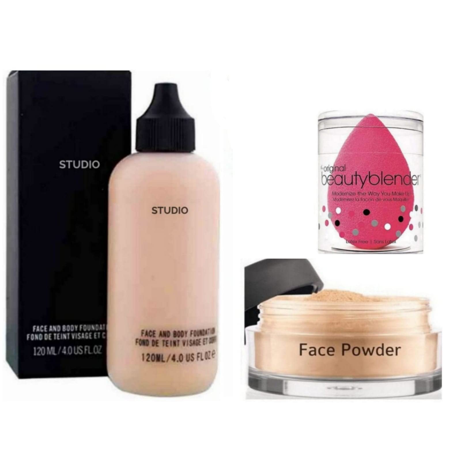 Professional Face & Body Foundation, Loose Powder & Beauty Blender Set - 3-Piece Makeup Kit for Flawless Coverage & Airbrush Finish | Perfect for Daily Use, Bridal Makeup & Professional Makeup Artists