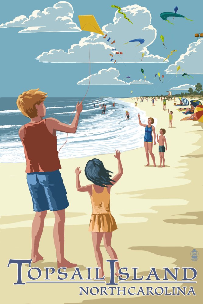 Topsail Island North Carolina Kite Flyers 53611 - Signed 24x36 Art Print, Wall Decor Poster for Living Room, Bedroom & Office