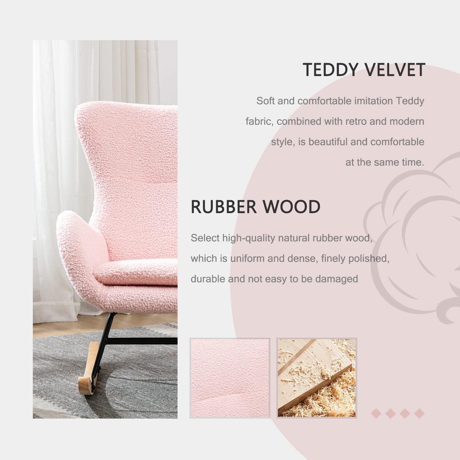 Comfy Upholstered Nursery Glider Rocker Chair with High Backrest & Armrests - Pink Small Rocking Chair for Living Room, Bedroom, Nursery & Baby Shower Gifts