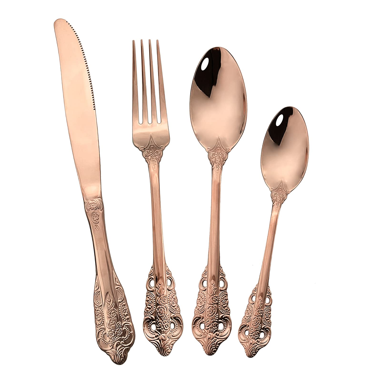 Luxury 4-Piece Rose Gold Palace Mirror Silverware Set - 18/10 Stainless Steel Copper Flatware with Knife, Fork, Spoon & Teaspoon - Elegant Retro Kitchen Utensils - Dishwasher Safe - Perfect for Fine Dining, Wedding Gifts & Home Decor