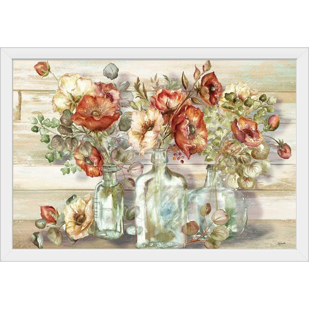 White Framed Art Print - Spice Poppies and Eucalyptus in Bottles, Floral Wall Decor for Living Room, Bedroom & Office | Poppy Artwork