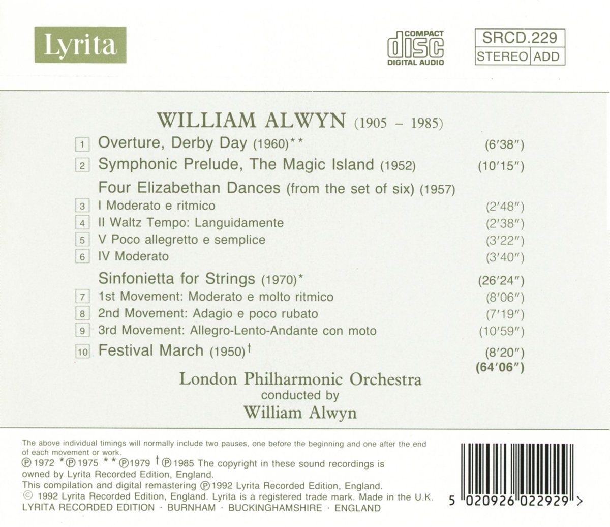 Alwyn: Overture Derby Day / The Magic Island / Sinfonietta for Strings / Festival March - Classical Music CD for Relaxation, Study & Dinner Parties