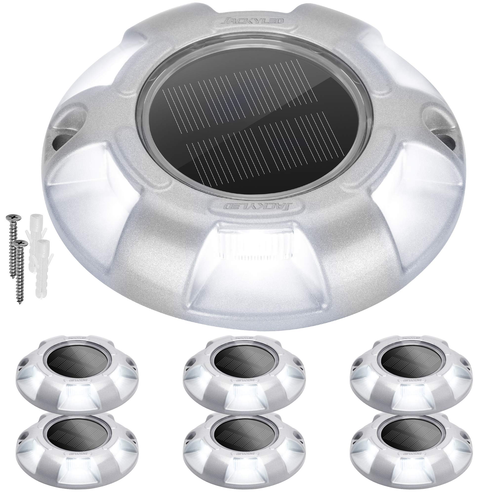 JACKYLED 6-Pack Solar Dock Lights - Waterproof Outdoor Solar Powered LED Pathway Lights for Driveway, Boat Deck, Stairs, Patio, Garden & Yard - Bright White Warning Road Markers for Night Safety & Landscape Lighting