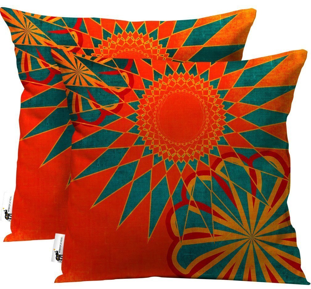 Handmade Boho Outdoor Throw Pillows Set of 2 - Orange Moroccan Style Decorative Cushions (16x16 Inches) for Patio, Porch, Living Room & Bedroom Decor