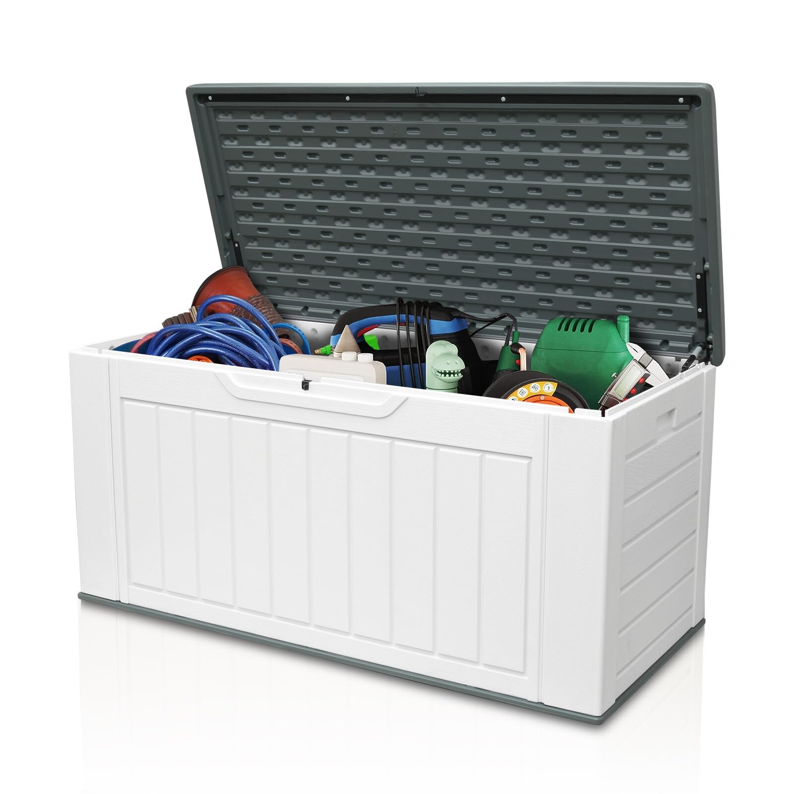 150 Gallon Outdoor Storage Box - Waterproof Resin Deck Box with Lock - Large Patio Storage Container for Furniture, Cushions, Garden Tools & Pool Supplies - White - Perfect for Backyard, Deck & Poolside Organization