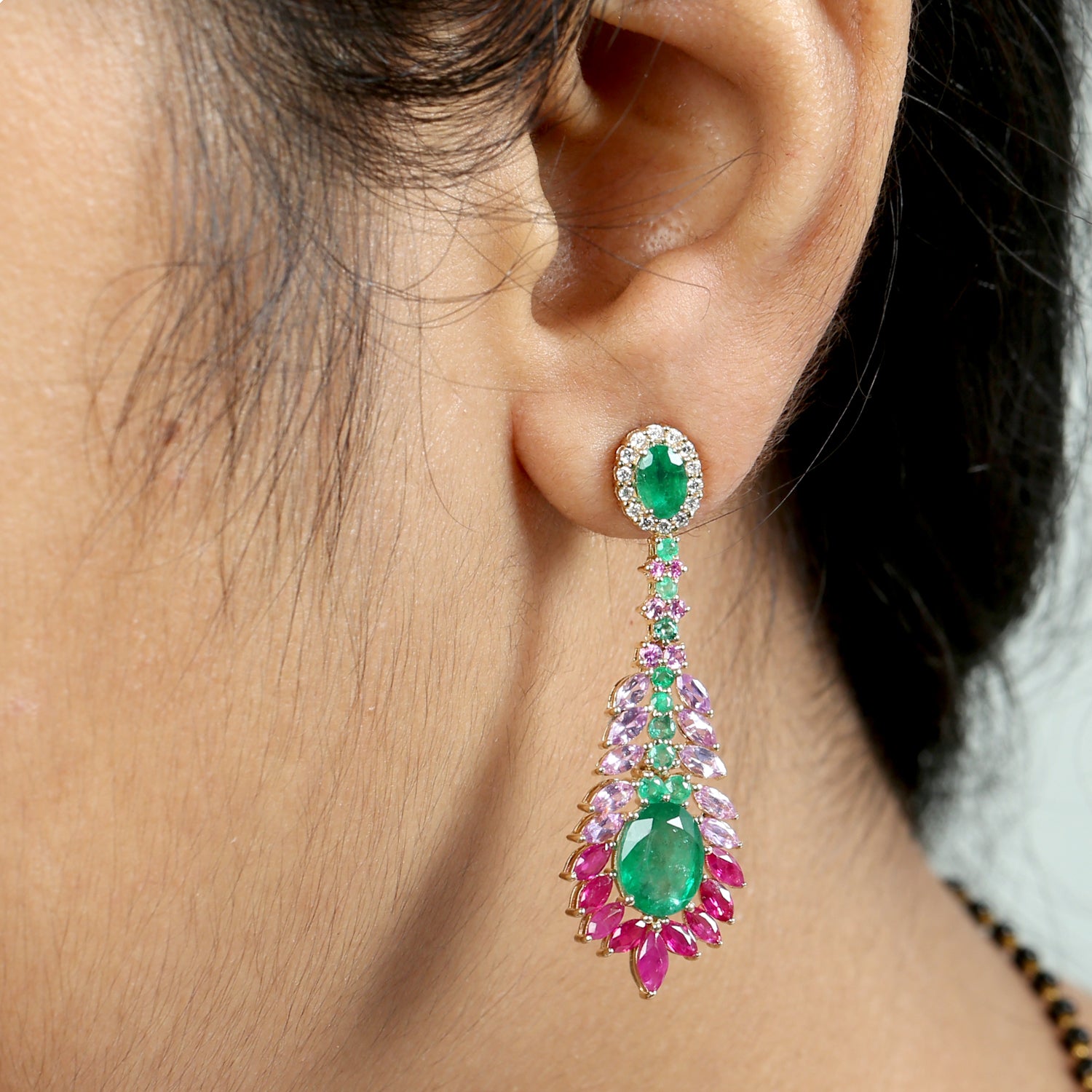 18K Yellow Gold Emerald Marquise Ruby Pink Sapphire Diamond Chandelier Earrings for Women - Perfect for Weddings, Parties & Special Occasions