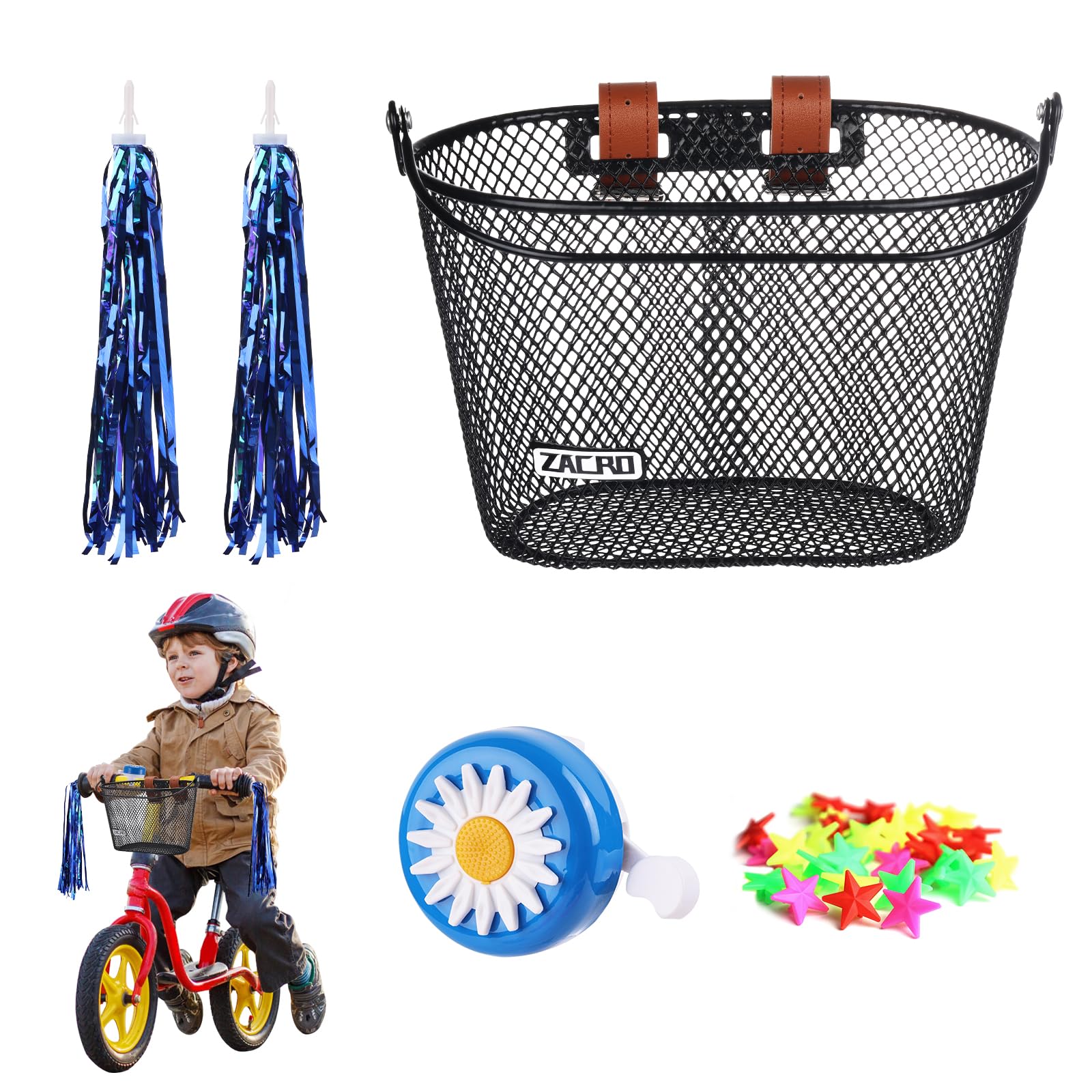 **Upgraded Zacro Kids Bike Basket with Bell & Streamers - Durable Bicycle Basket for Boys & Girls - Perfect for Toddler Bikes & Scooters - Ideal for School, Park Rides & Outdoor Adventures**