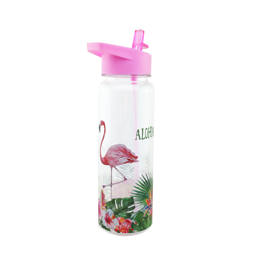 BPA Free Clear Water Bottle with Aloha Flamingo Design - Perfect for Gym, Hiking & Outdoor Activities