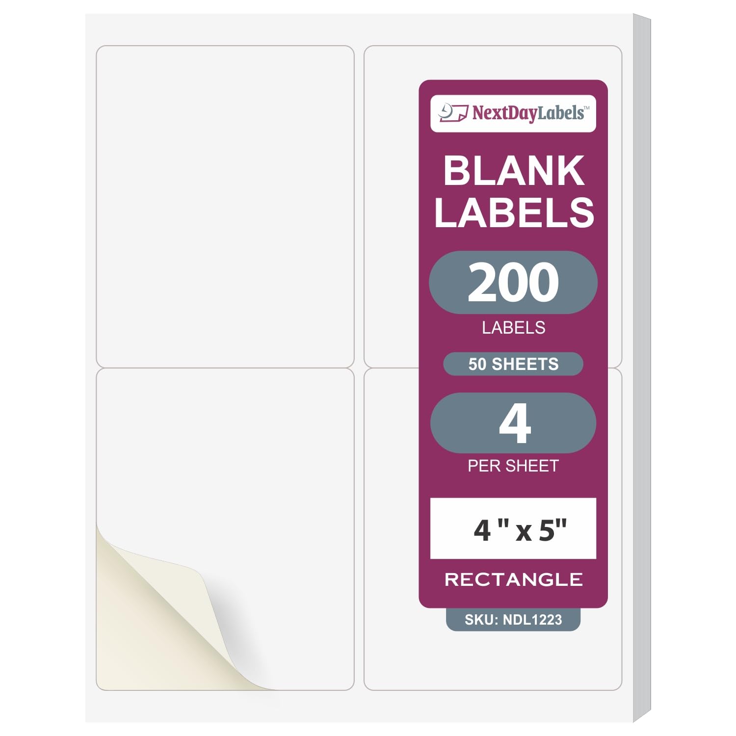 NextDayLabels – 4” x 5” White Rectangular Sticker Labels for Laser & Inkjet Printers - 50 Sheets (200 Labels) - Perfect for Return Address, Shipping, Mailing & Packaging Labels