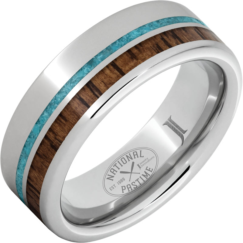 Vintage Baseball Bat Wood & Turquoise Inlay Serinium Ring - National Pastime Collection™ - Perfect for Baseball Fans, Sports Jewelry Gifts & Game Day Accessories