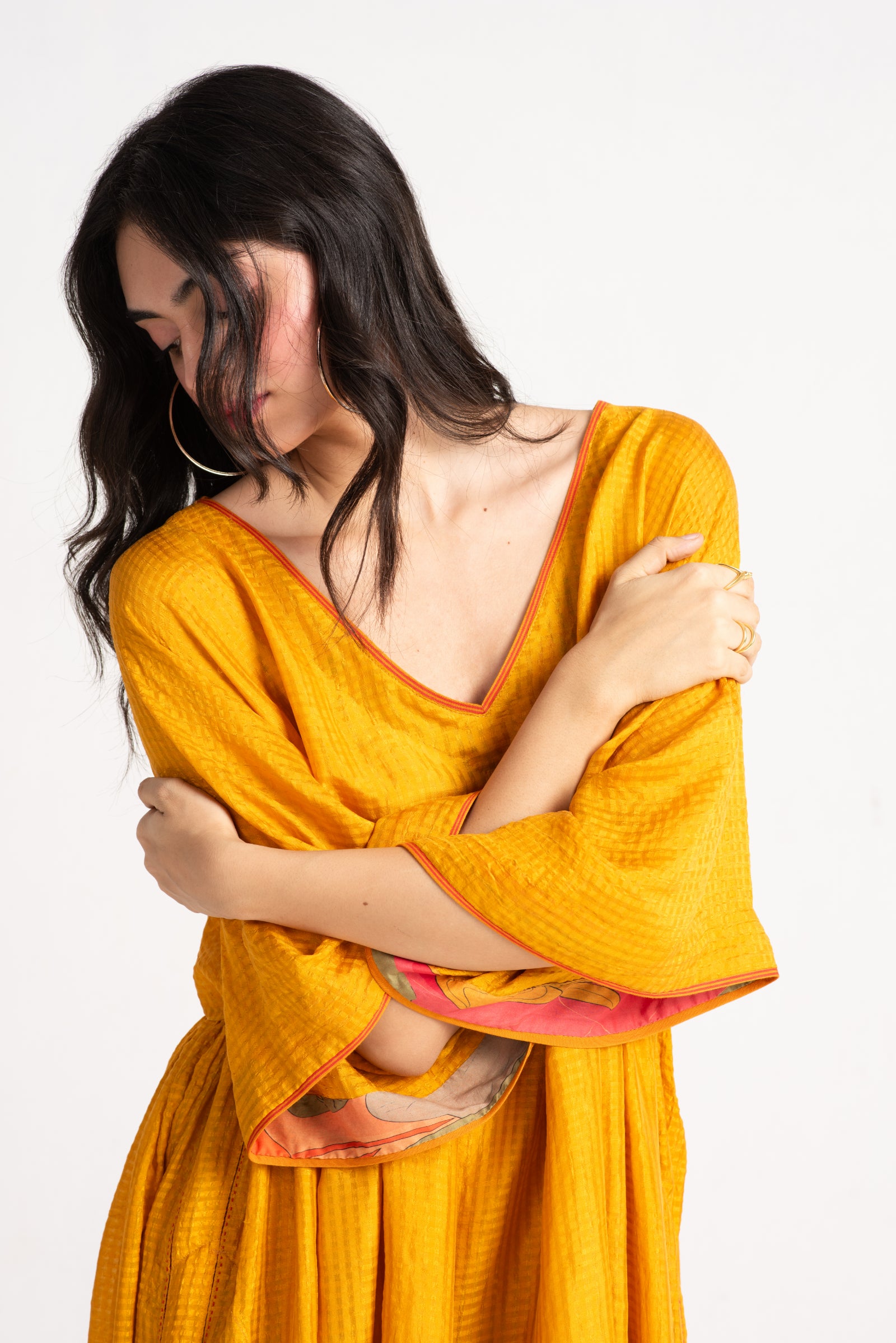 Bandini Silk Check Mustard Dress - Elegant & Comfortable Women's Silk Dress for Party, Wedding & Special Occasions