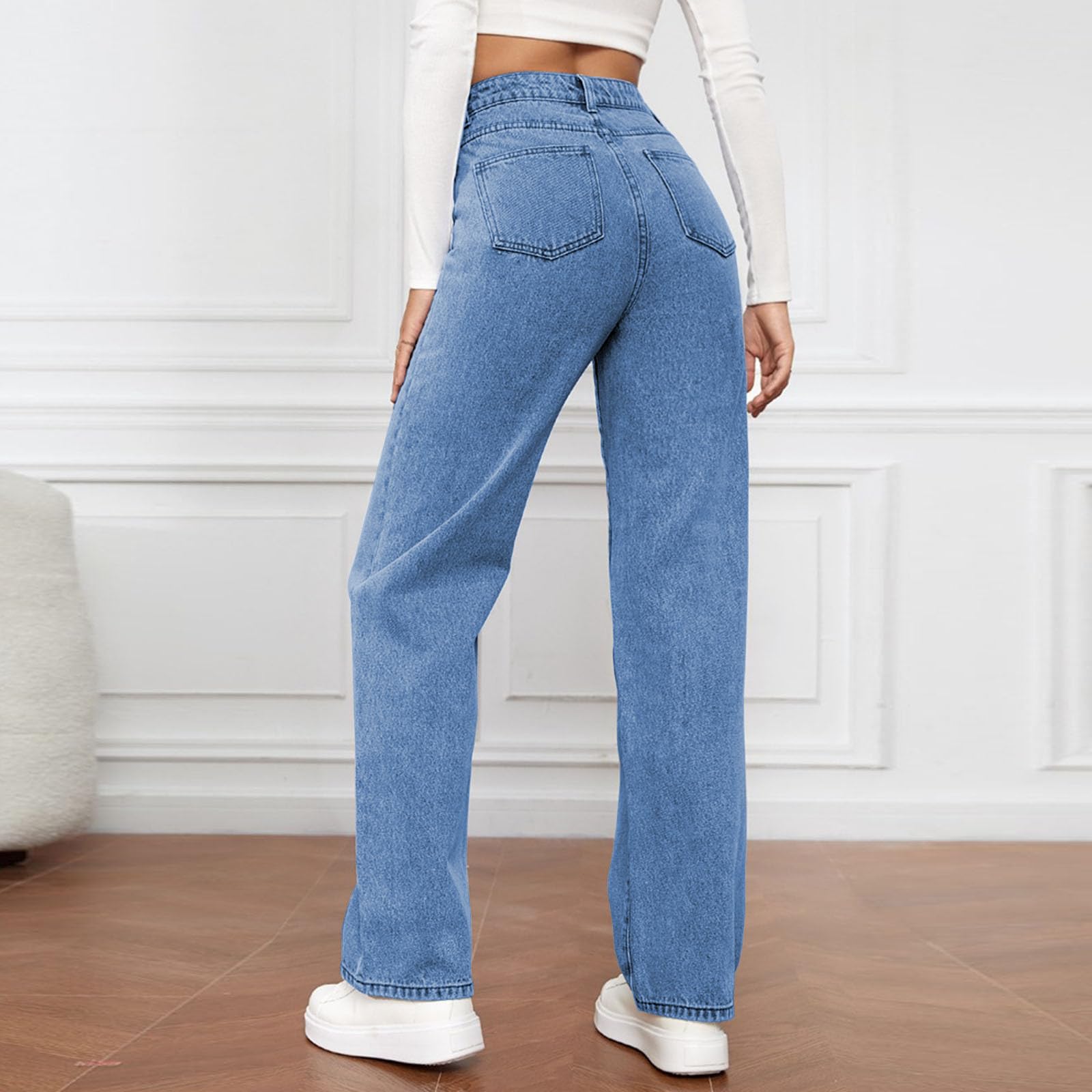 Women's Stretch Washed Denim Jeans - Elastic Waist Straight Leg Cropped Pants with Pockets | Comfortable & Stylish for Casual Wear, Office & Everyday Outfits