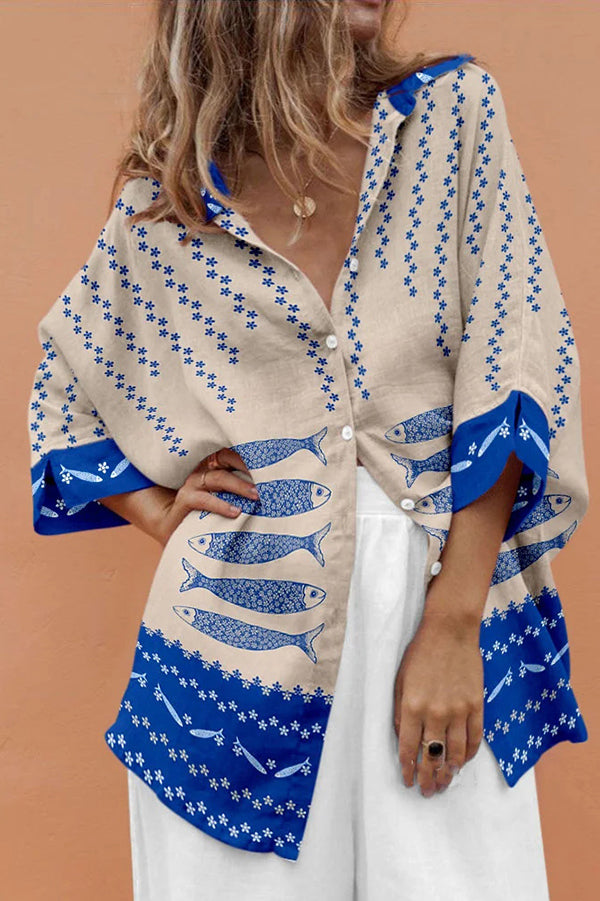 Stylish Marine Print Casual Loose Shirt Top for Women - Beachwear, Summer Vacation & Boho Outfit