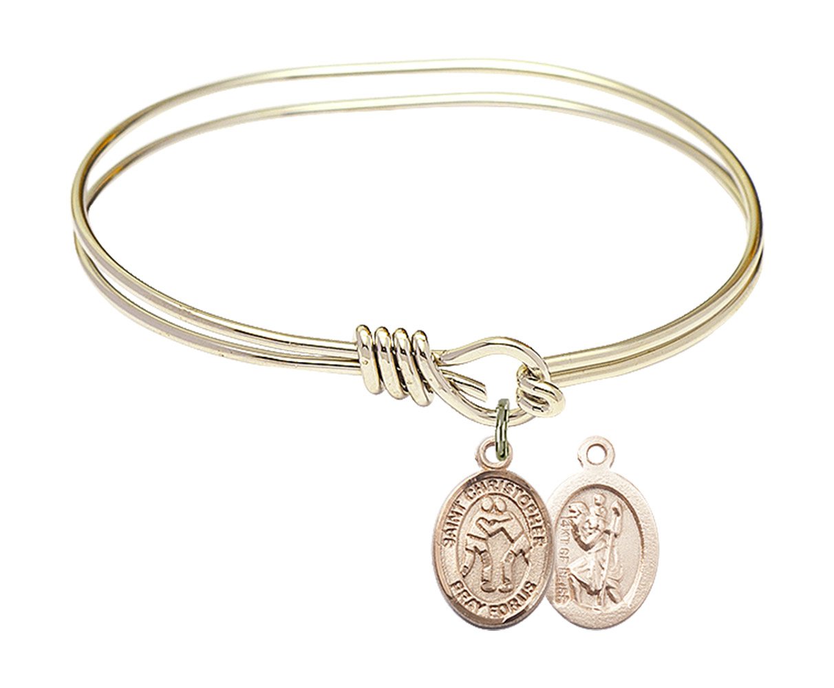 5 3/4 Inch Oval Eye Hook Bangle Bracelet with St. Christopher Wrestling Charm - Perfect for Sports Fans & Travel Protection Jewelry