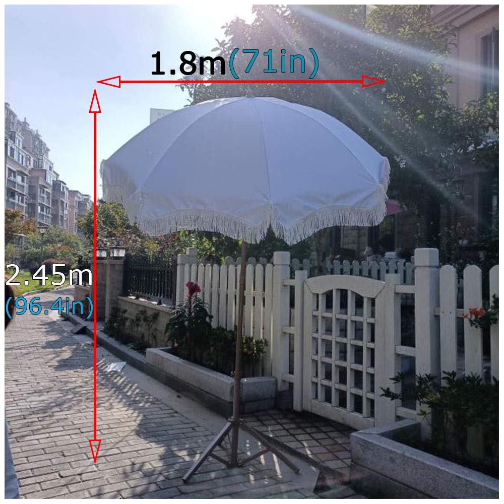 Y&J 1.8m (71in) Outdoor Tilt Beach Parasol with UV Protection - White Tassel Design Patio Umbrella for Garden, Poolside & Dining Table (2.45m Height, Base Not Included) | Perfect for Backyard, Picnics & Coastal Resorts