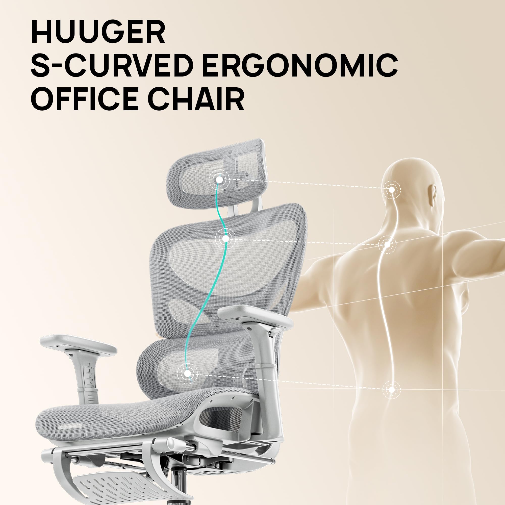 Huuger Ergonomic Mesh Office Chair with Adjustable Footrest, Lumbar Support & 3D Armrests - Breathable Gaming Desk Chair with Multi-Tilt Backrest, Headrest & Heavy-Duty Steel Base (Grey) - Perfect for Home Office, Gaming Setup & Long Work Sessions