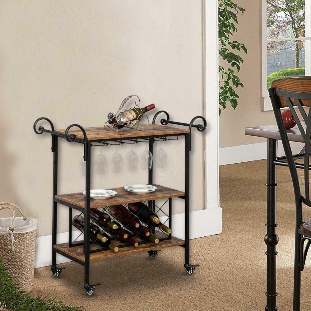 Premium 3-Tier Rolling Kitchen Cart with Wine Storage Rack - Sturdy Wood & Iron Construction, Easy Assembly - Perfect for Dining Room, Home Bar, Office & Industrial Spaces - Multi-Purpose Serving Trolley with Glass Holder & Smooth-Rolling Wheels