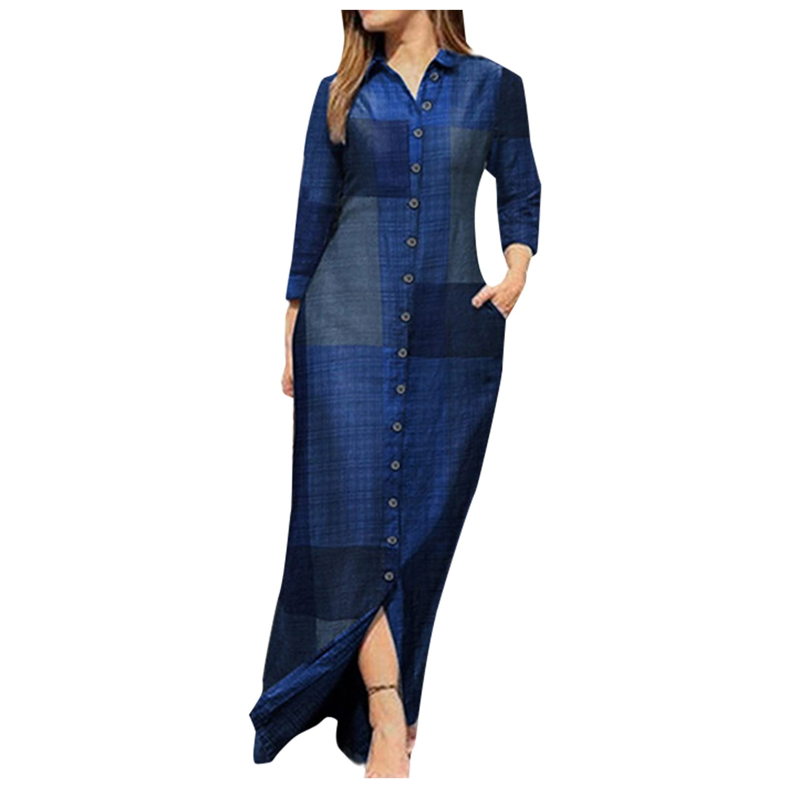 Stylish Women's Denim Shirt Dress - Button Down 3/4 Sleeve V-Neck with Pockets, Mini Fit Elegant Jean Dress for Casual Outings, Date Nights & Summer Fashion