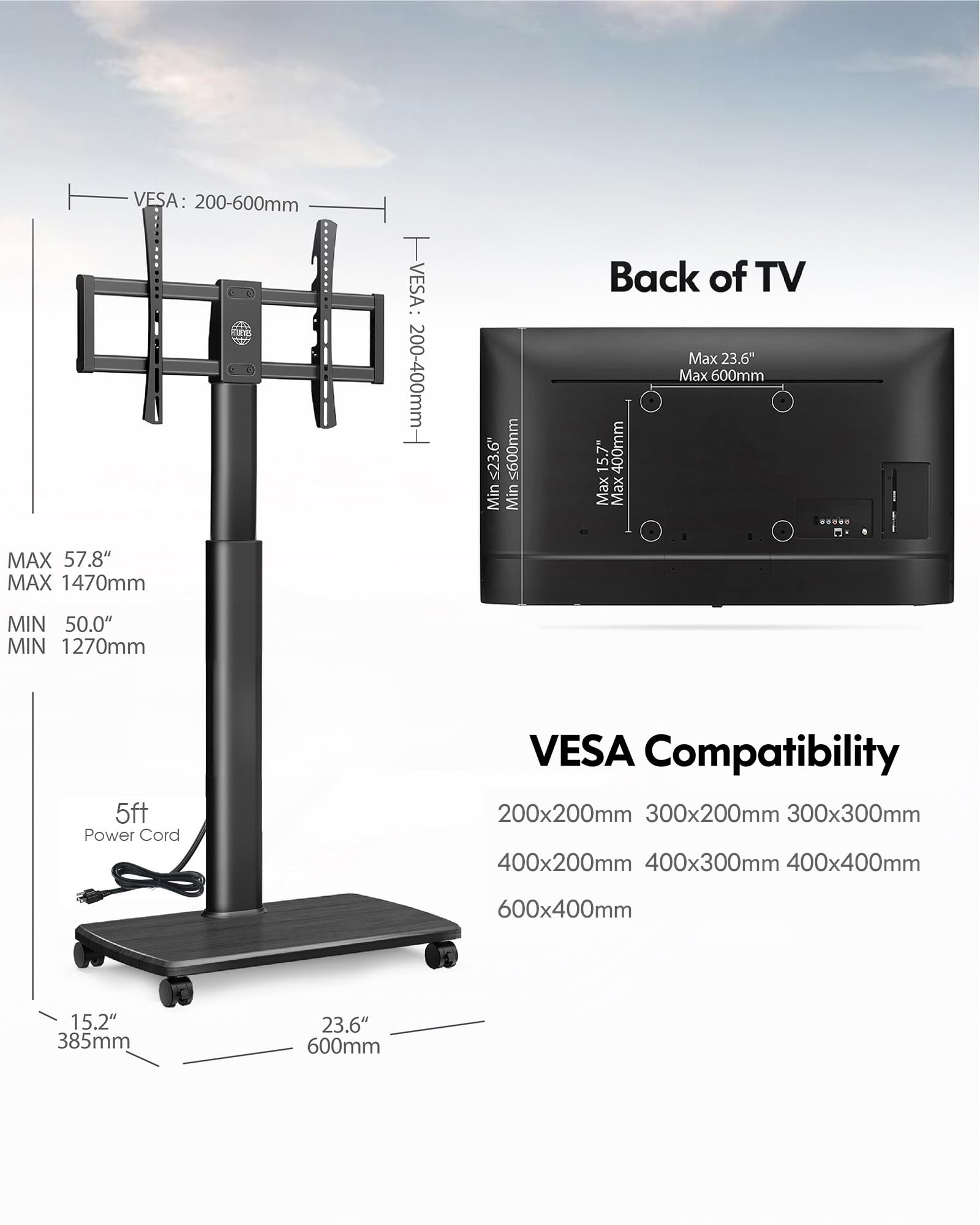 FITUEYES Rolling TV Stand with Power Outlets - Swivel Mobile TV Cart for 32-70 Inch Flat/Curved Screens (LCD/LED/OLED) - Height Adjustable with Wood Base - Supports up to 99Lbs - Black - Perfect for Living Rooms, Bedrooms & Home Theaters