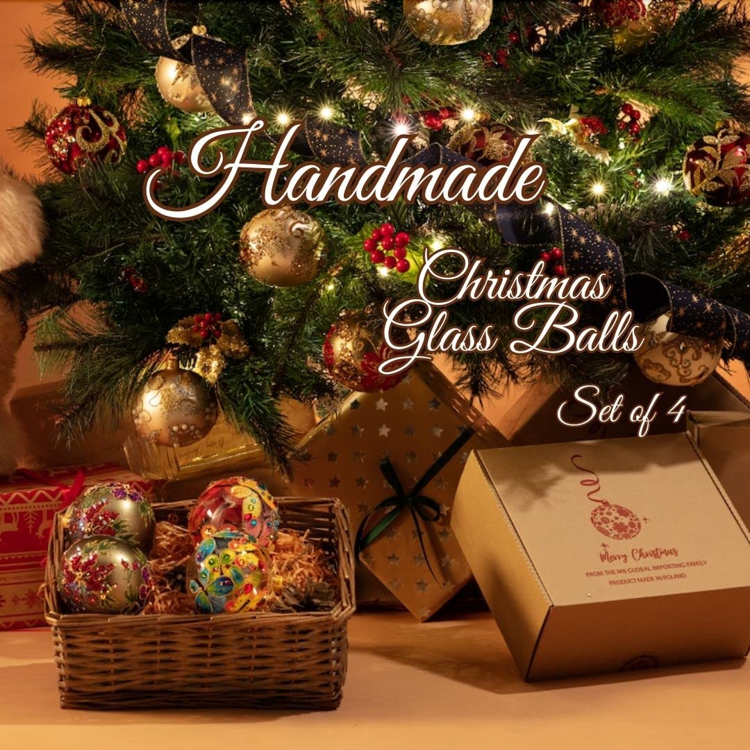 Handmade Polish Glass Christmas Ornaments - Set of 4 Elegant 3.94 Inch Round Holiday Decorations in Gold & Silver for Xmas Tree, Party & Indoor Decor | Perfect for Holiday Gifts, Home Decor & Festive Celebrations